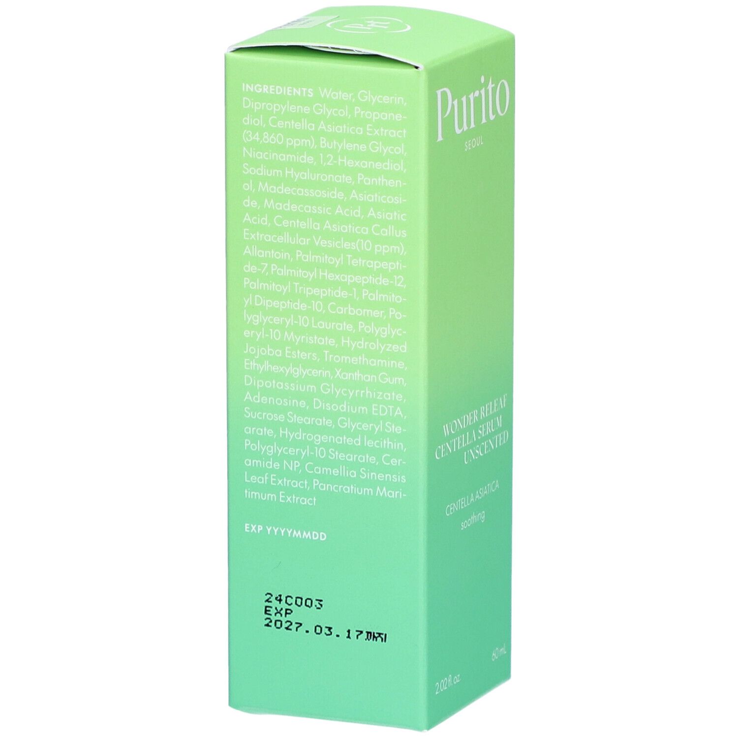 Scatola verde con ingredienti e informazioni sul prodotto. Scritto: Purito, Wonder Releaf Centella Serum Unscented. Sigillo vegano.