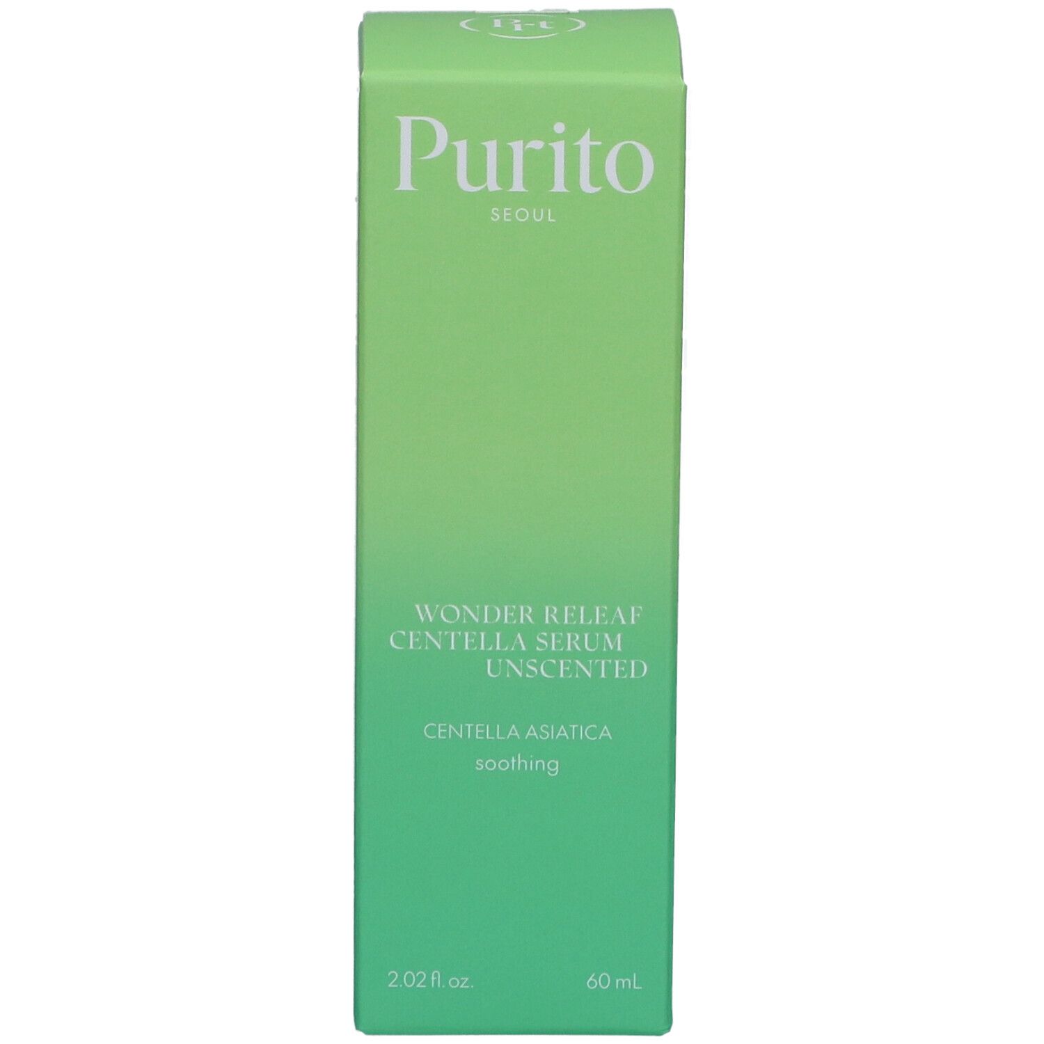 Scatola verde con informazioni sul prodotto. Scritto: Purito, Wonder Releaf Centella Serum Unscented. Sigillo vegano.