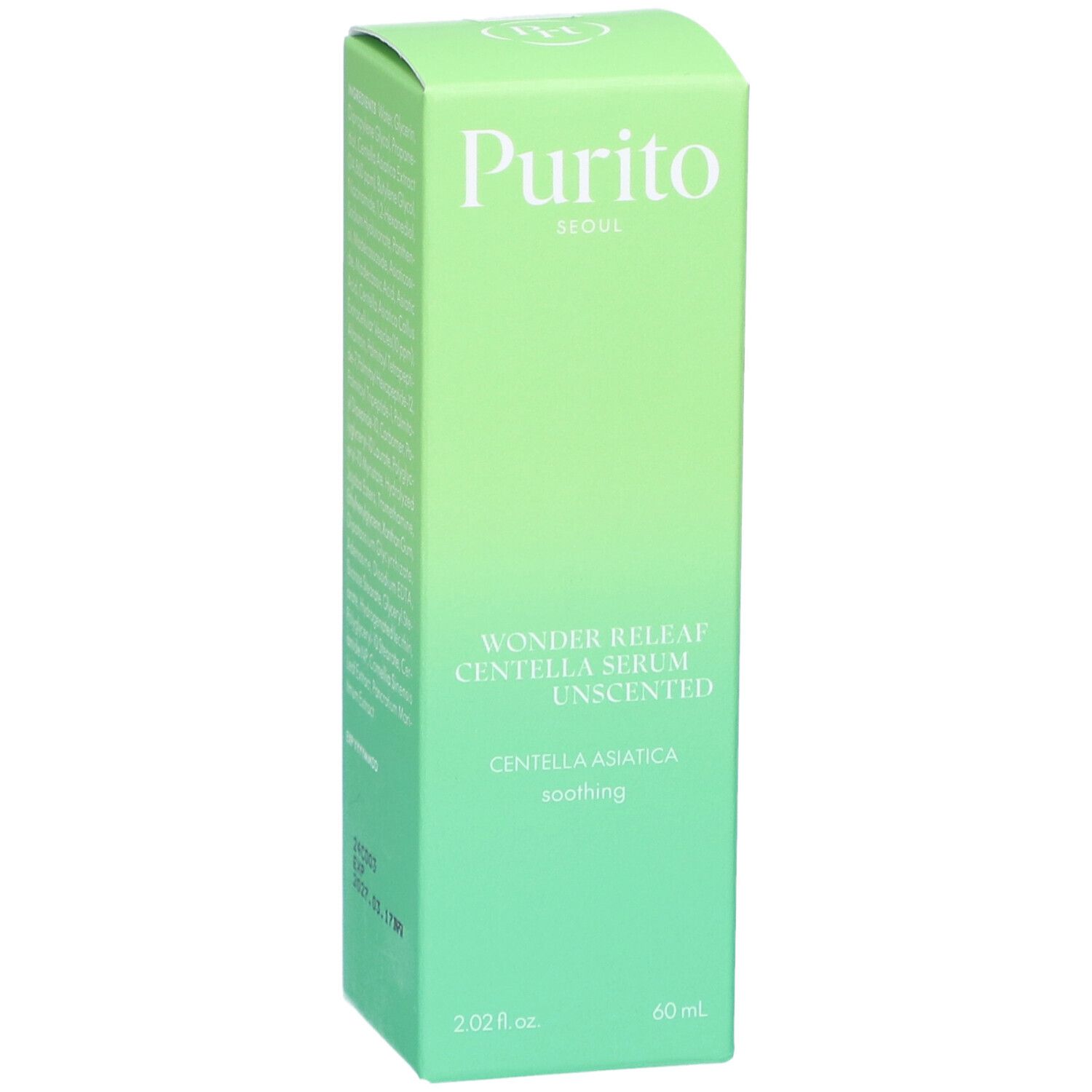 Scatola verde con informazioni sul prodotto. Scritto: Purito, Wonder Releaf Centella Serum Unscented. Sigillo vegano.
