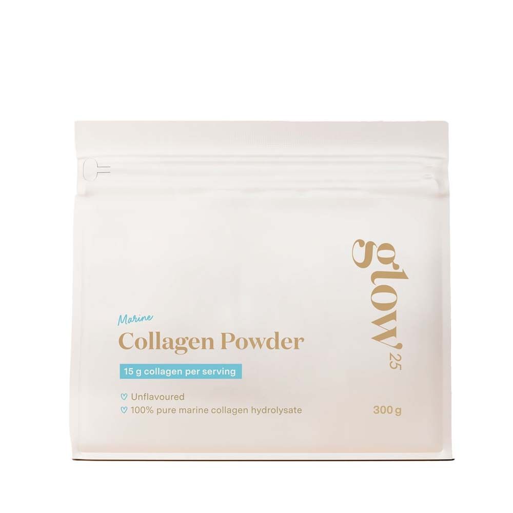 Confezione bianca con "Marine Collagen Powder" e "glow25". Contiene 300g. Senza sapore.