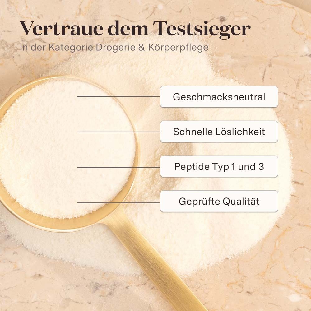 Primo piano di polvere di collagene con cucchiaio dorato. Testo: "Neutro al gusto", "Solubilità rapida", "Peptidi tipo 1 e 3", "Qualità certificata".