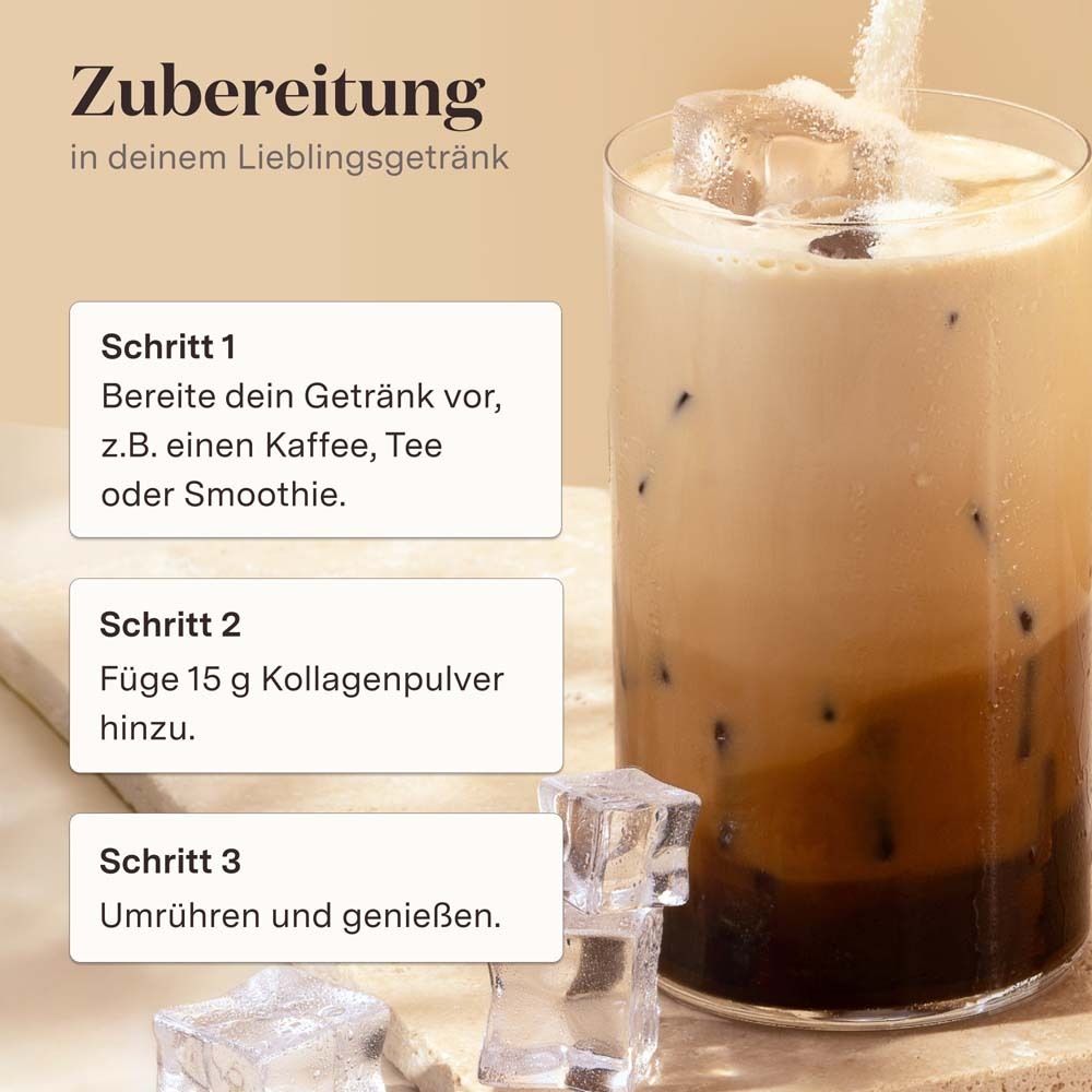 Preparazione di una bevanda con polvere di collagene. Passaggi: preparare la bevanda, aggiungere 15g di polvere di collagene, mescolare e gustare. Cubetti di ghiaccio.