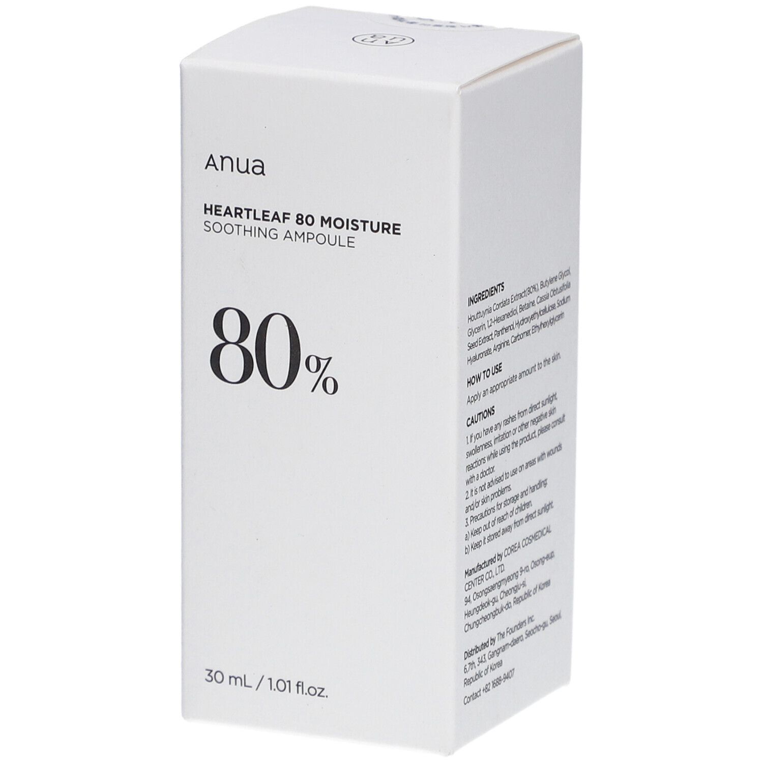 Confezione bianca con informazioni sul prodotto. Scritta: Anua, Heartleaf 80% Moisture Soothing Ampoule, 80%. 30 ml / 1.01 fl.oz.
