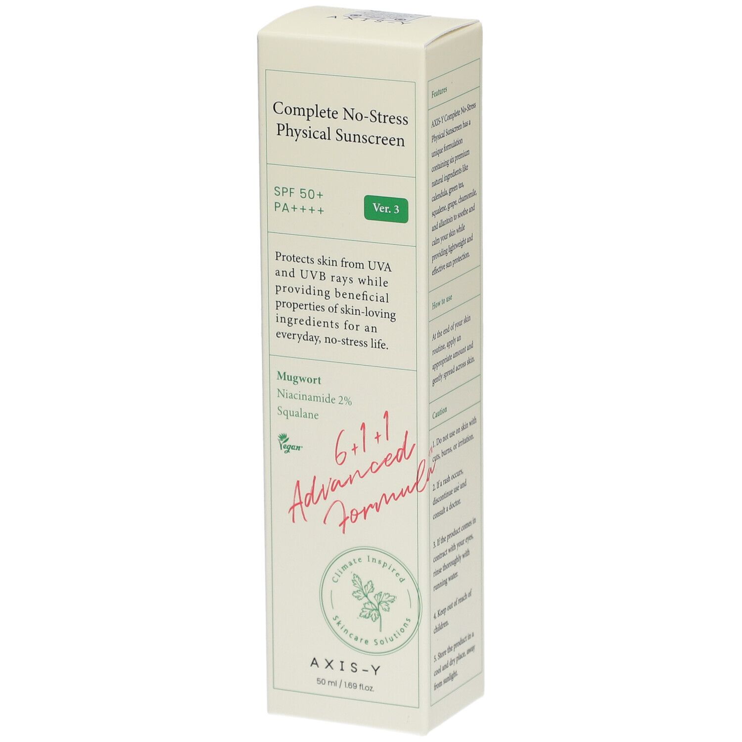 Confezione di AXIS-Y Complete No-Stress Physical V.3 SPF 50. Scatola bianca e verde con informazioni e logo.