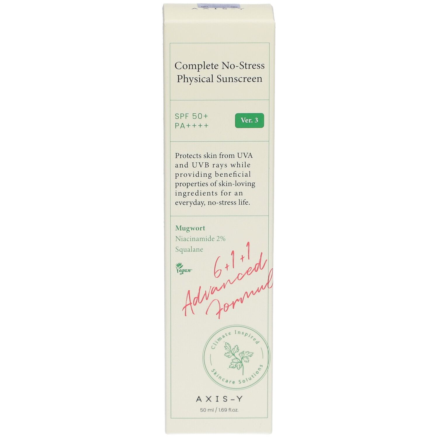 Confezione AXIS-Y Complete No-Stress Physical V.3 SPF 50. Scatola bianca e verde con informazioni.