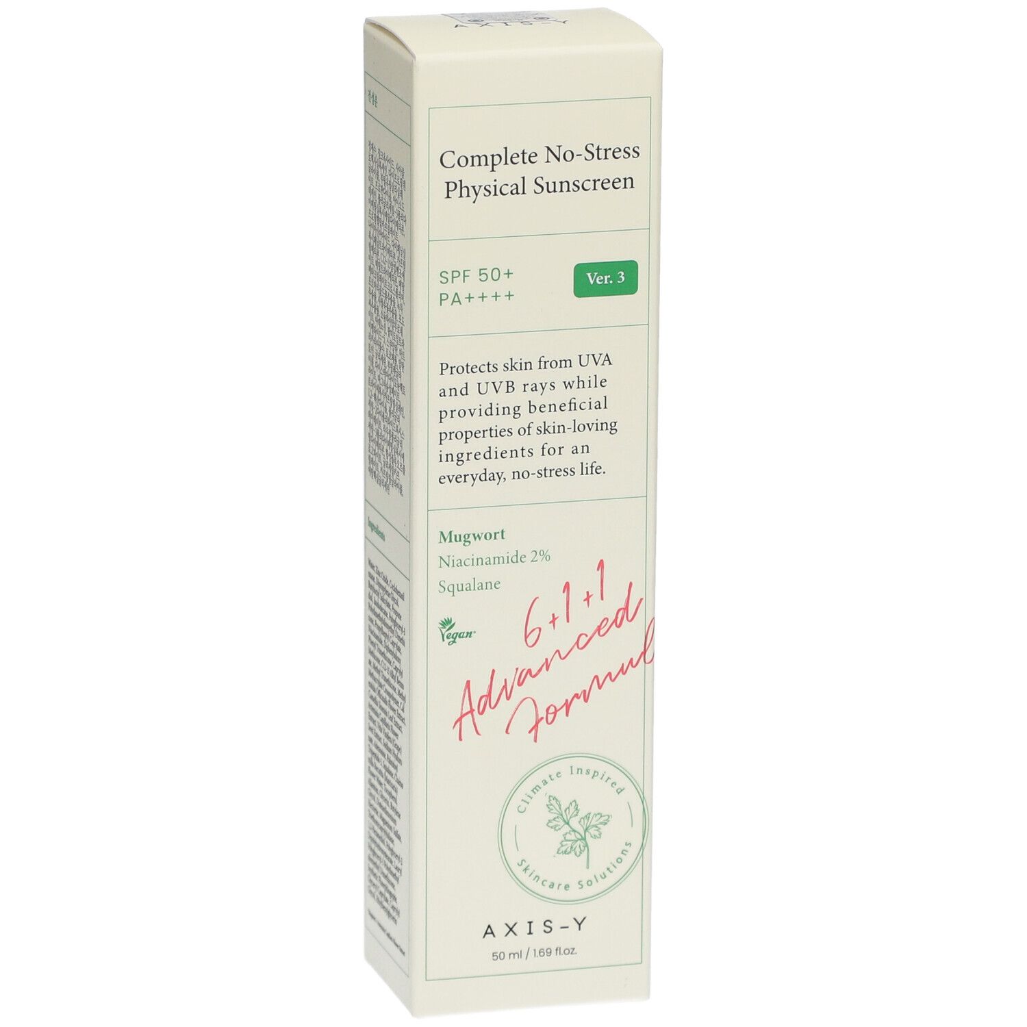 Confezione AXIS-Y Complete No-Stress Physical V.3 SPF 50. Scatola bianca e verde con informazioni.