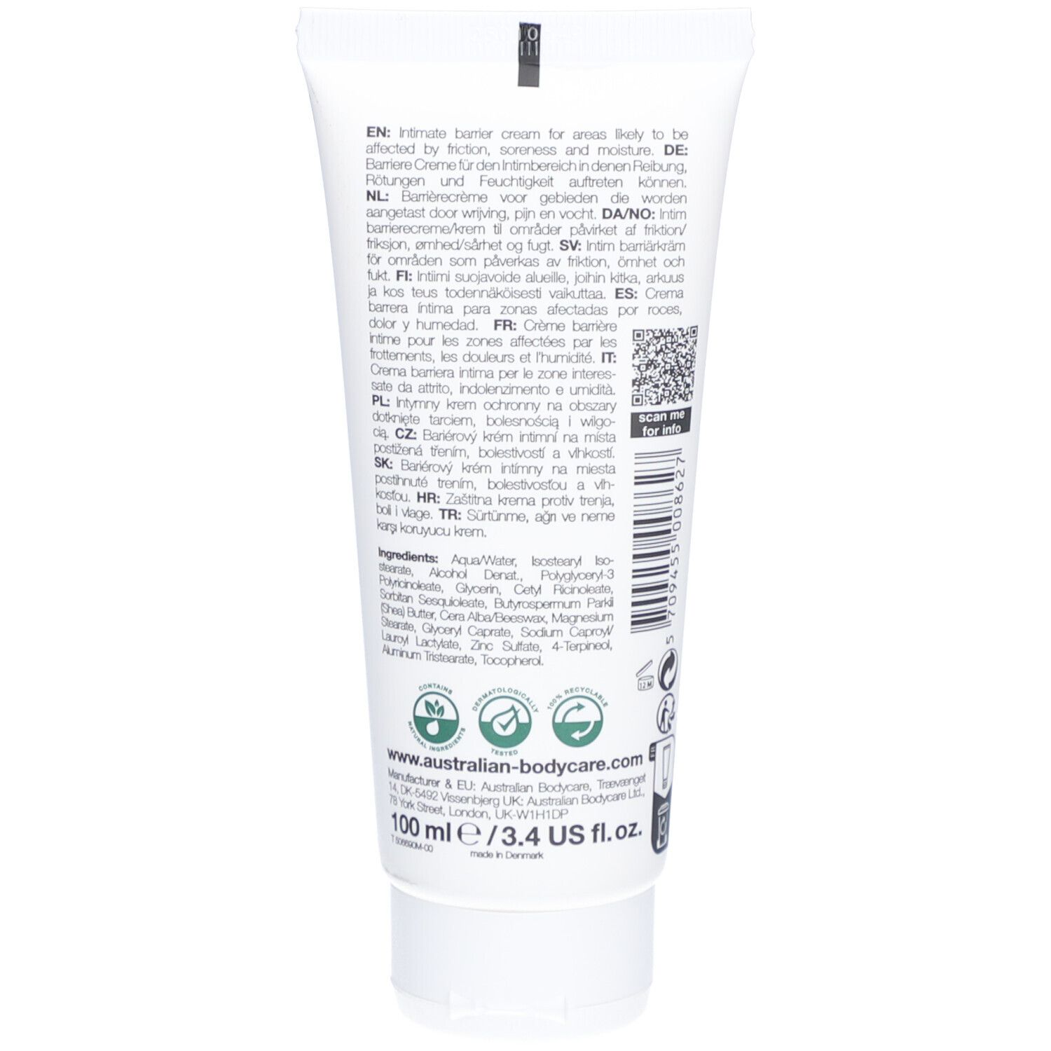 Retro del tubo di Barrier Cream. Testo multilingue. Ingredienti, informazioni produttore. Certificazioni.