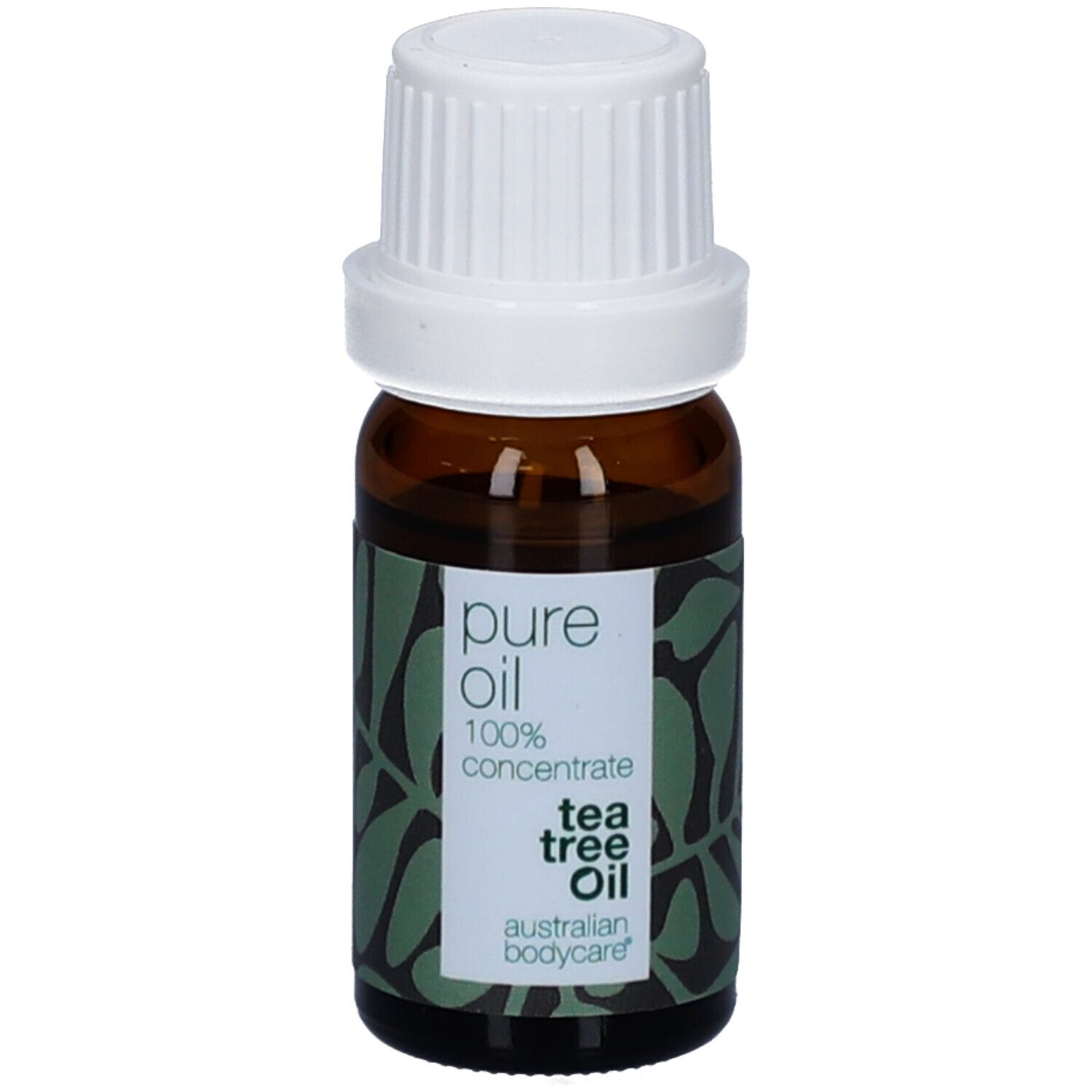 Flacone di vetro marrone con tappo bianco. Etichetta con scritta « pure oil 100% concentrate tea tree oil ».