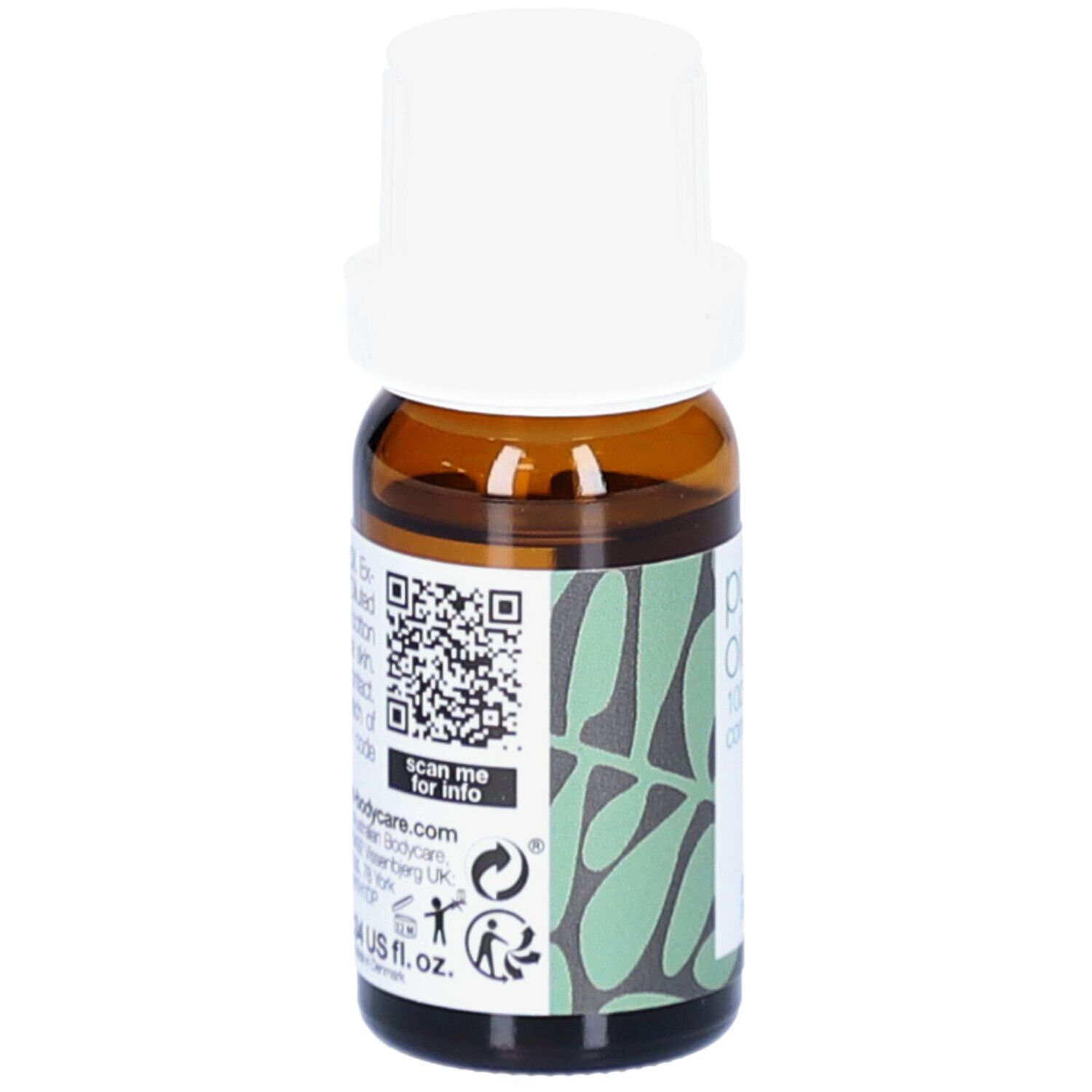 Flacone di vetro marrone con tappo bianco. Adesivo con codice QR e testo. Motivo verde sul retro.