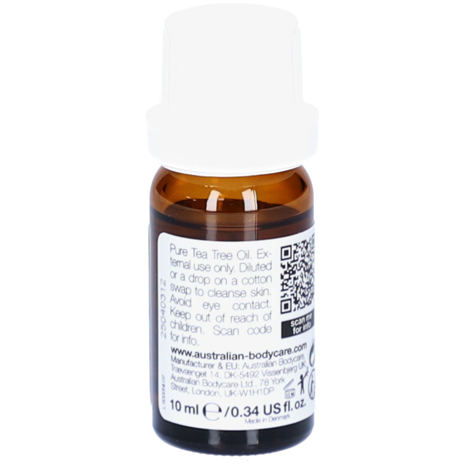 Flacone di vetro marrone con tappo bianco. Etichetta con testo e codice QR. 10 ml/0,34 US fl. oz. Made in Germany.