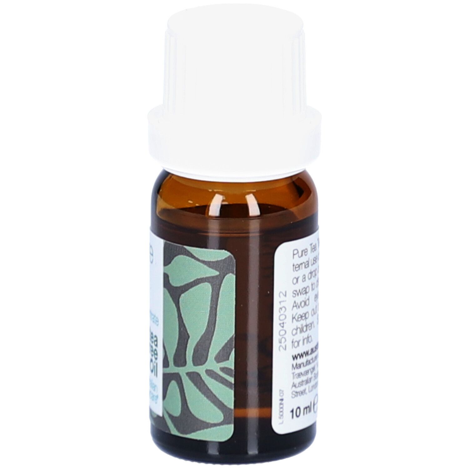 Flacone di vetro marrone con tappo bianco. Etichetta con motivo verde e testo. 10 ml.