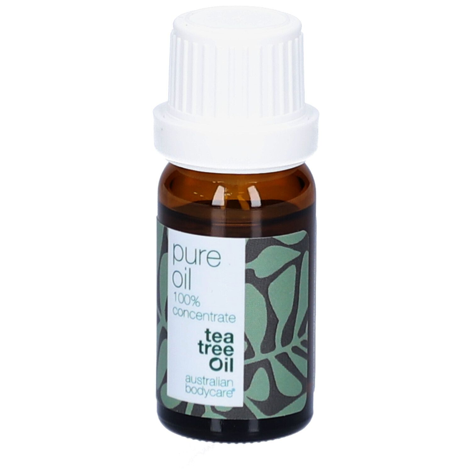Flacone di vetro marrone con tappo bianco. Etichetta con scritta « pure oil 100% concentrate tea tree oil ».