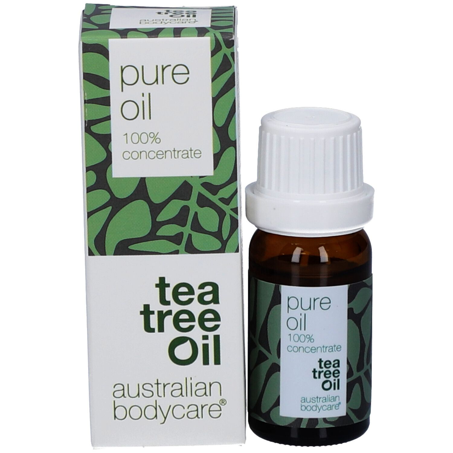 Flacone e confezione. Flacone con tappo bianco ed etichetta. Confezione con testo e motivo verde.