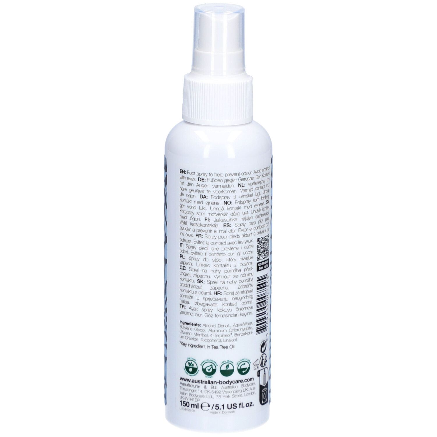 Flacone spray per piedi bianco con erogatore. Retro con testo. Australian Bodycare, 150 ml.