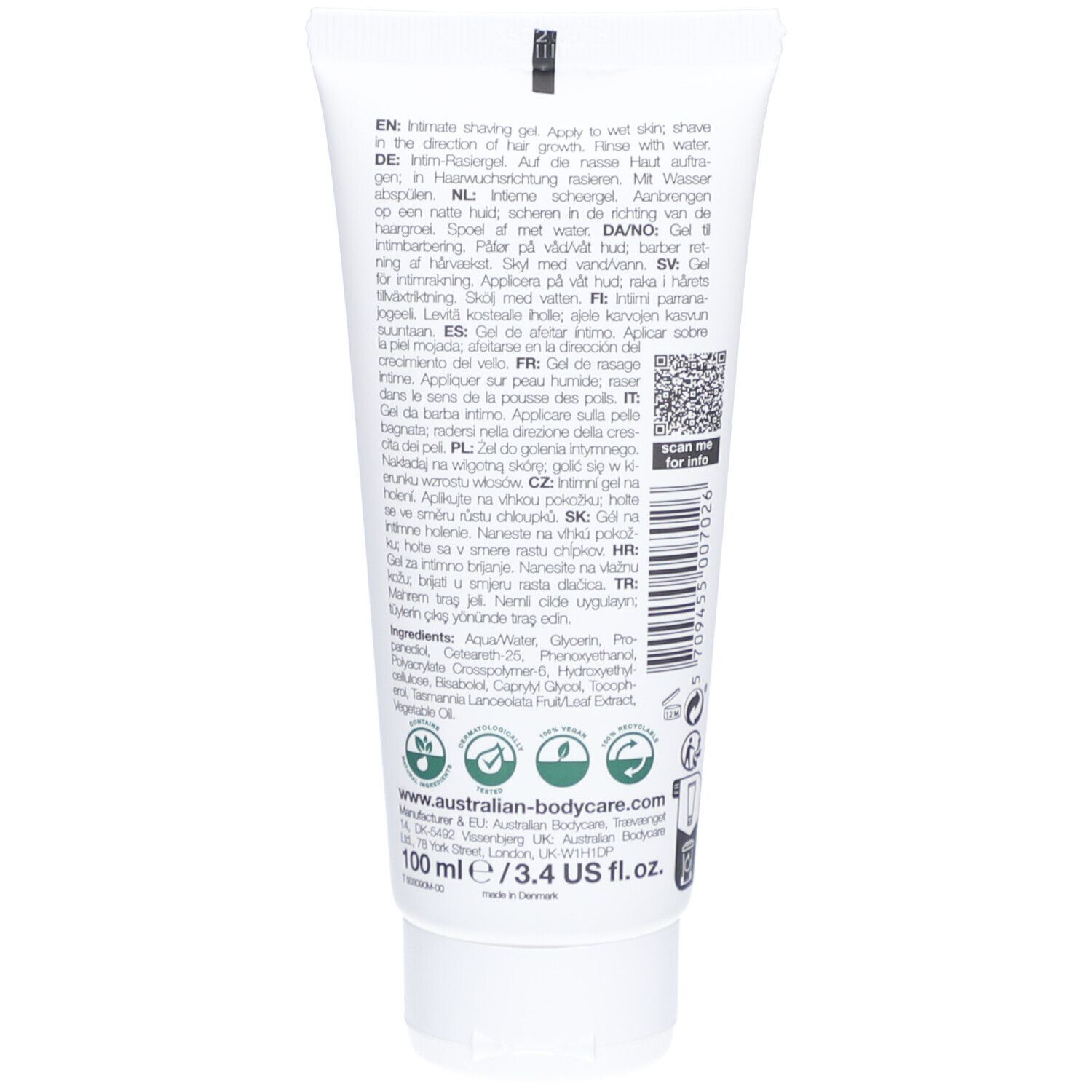 Retro del tubo Intim Shave. Testo multilingue. Codice QR. Ingredienti. 100 ml.