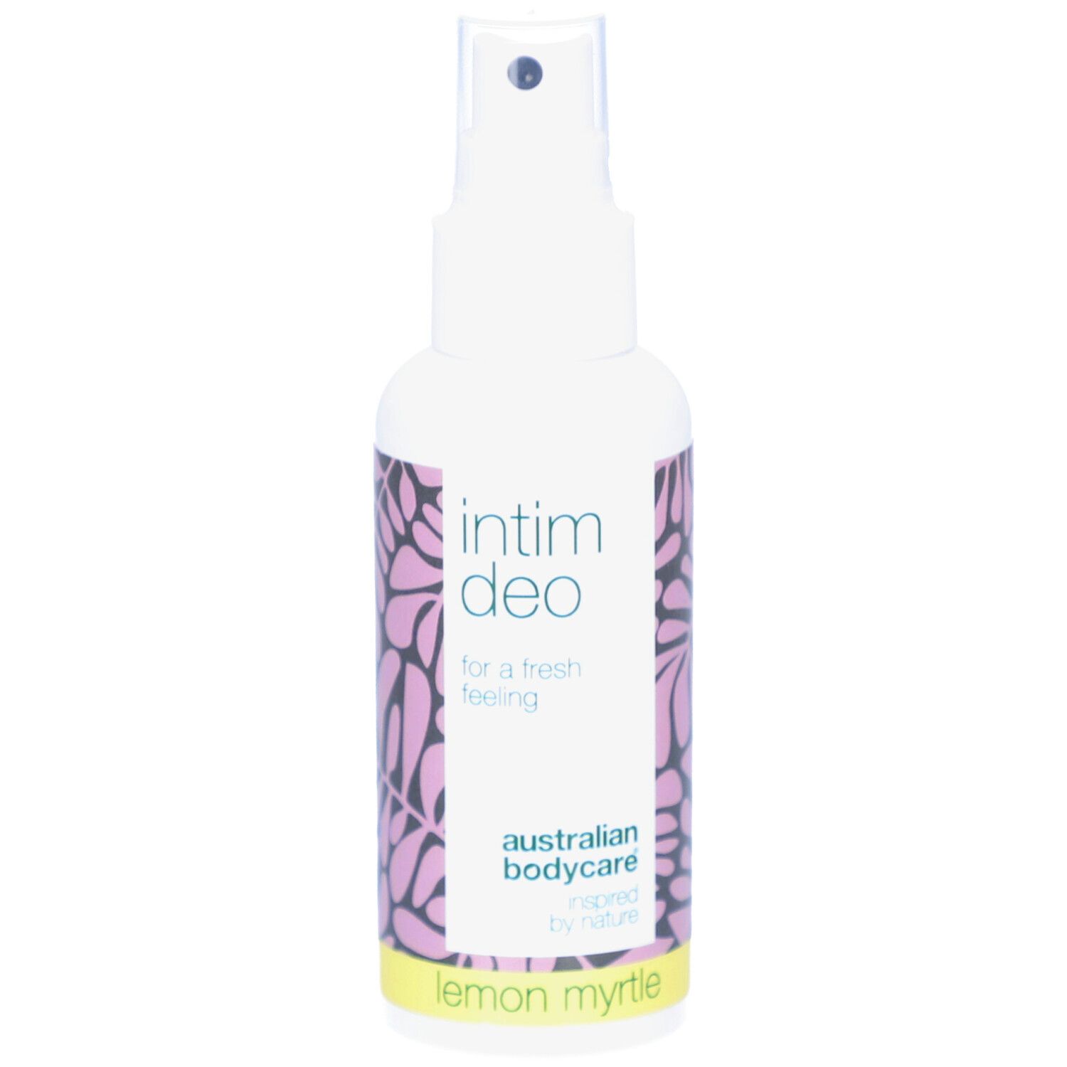 Spray bianco Intim Deo, australian bodycare, Lemon Myrtle. Motivo rosa, fascia gialla.