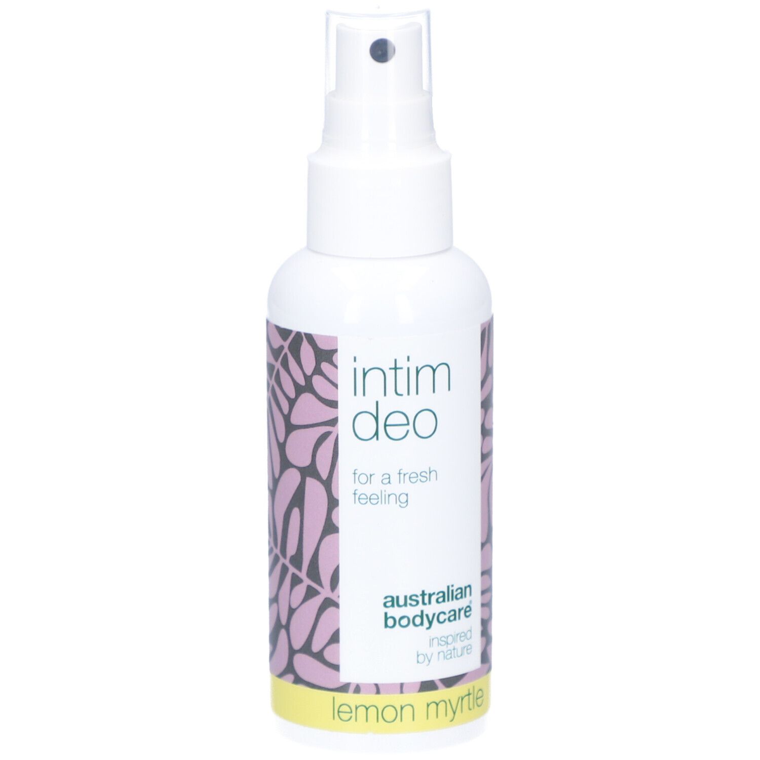 Spray bianco Intim Deo, australian bodycare, Lemon Myrtle. Motivo rosa, fascia gialla.