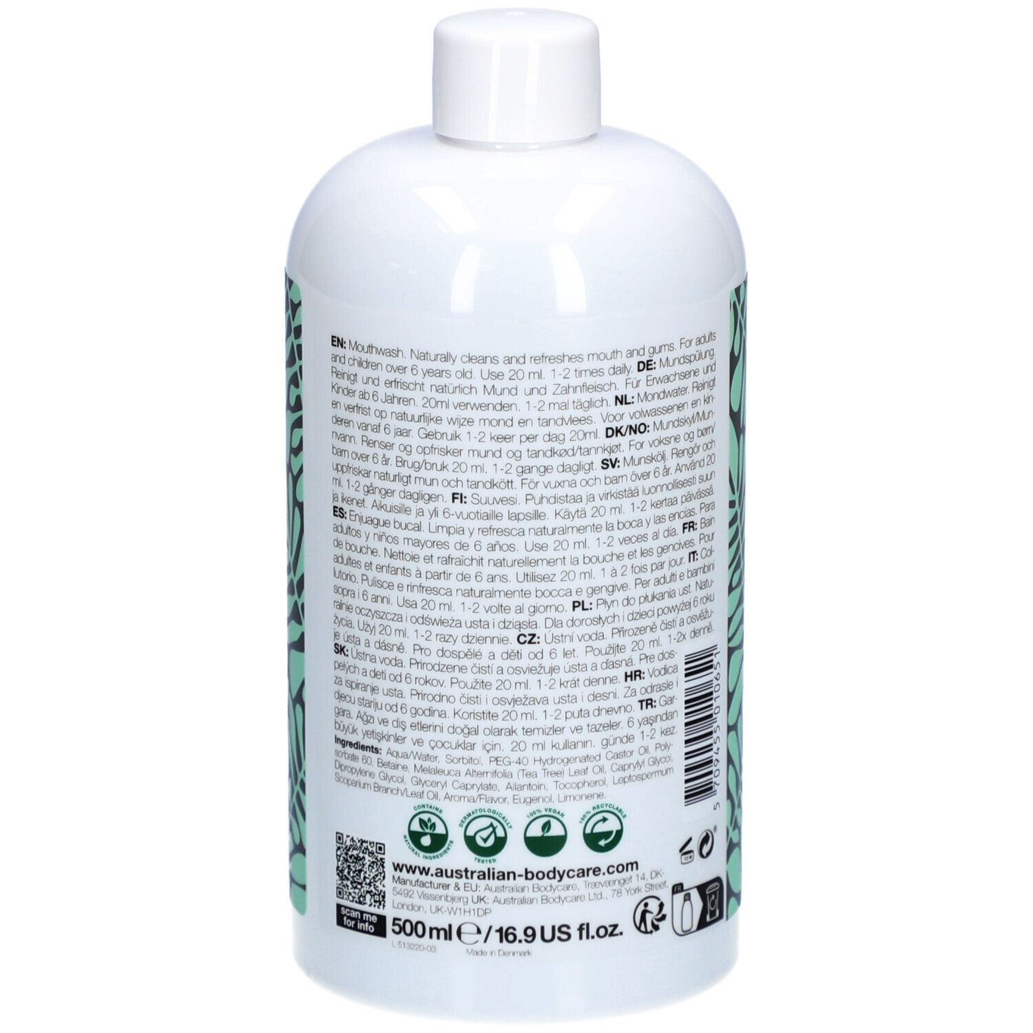 Bottiglia bianca con motivo a foglie verdi. Testo multilingue sul retro.