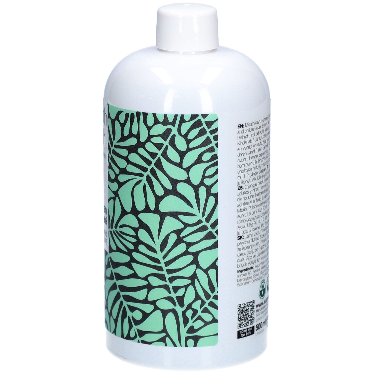 Bottiglia bianca con motivo a foglie verdi. Testo multilingue sul retro.