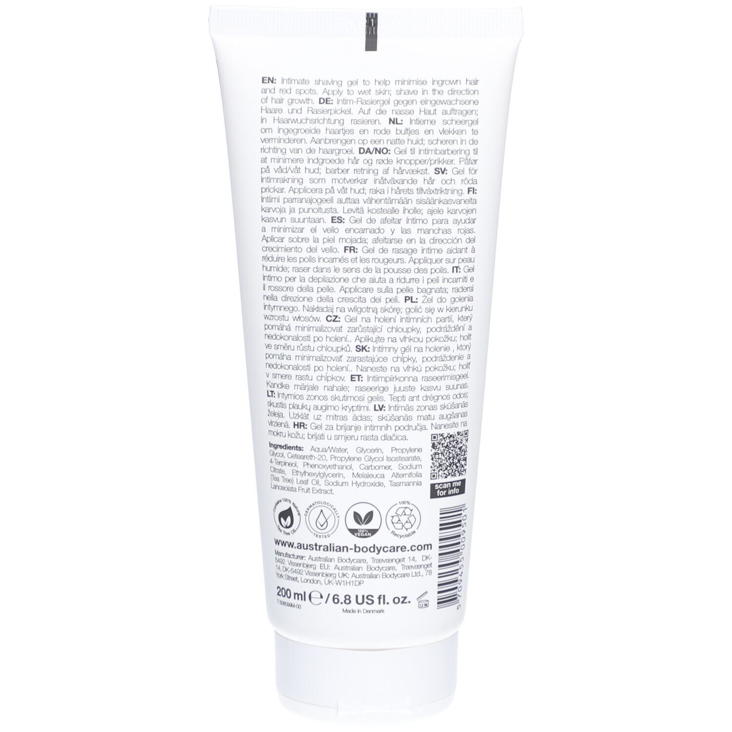 Retro del tubo di gel da barba. Testo multilingue, ingredienti, codice QR.