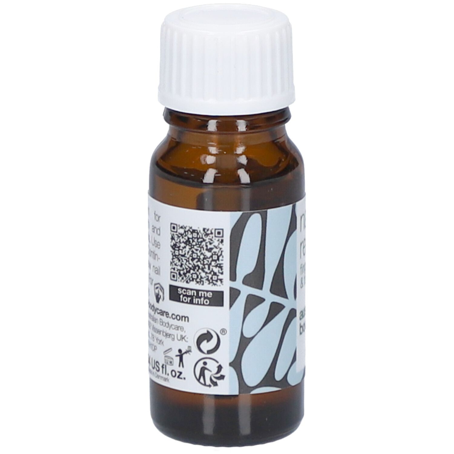 Flacone marrone con tappo bianco. Etichetta con testo e codice QR. Marchio: australian bodycare.