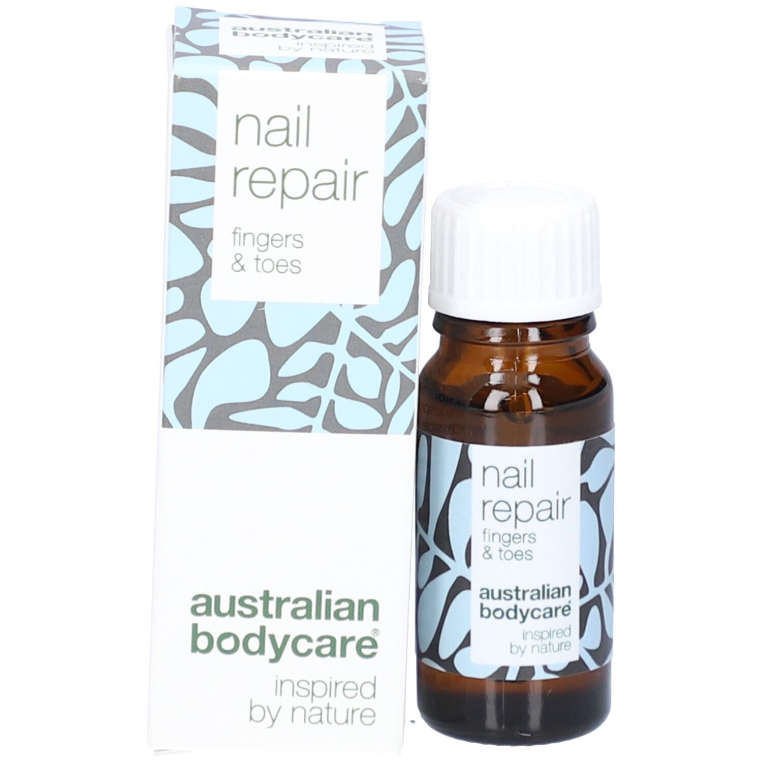 Flacone e scatola. Etichette e testo: nail repair, fingers & toes, australian bodycare.