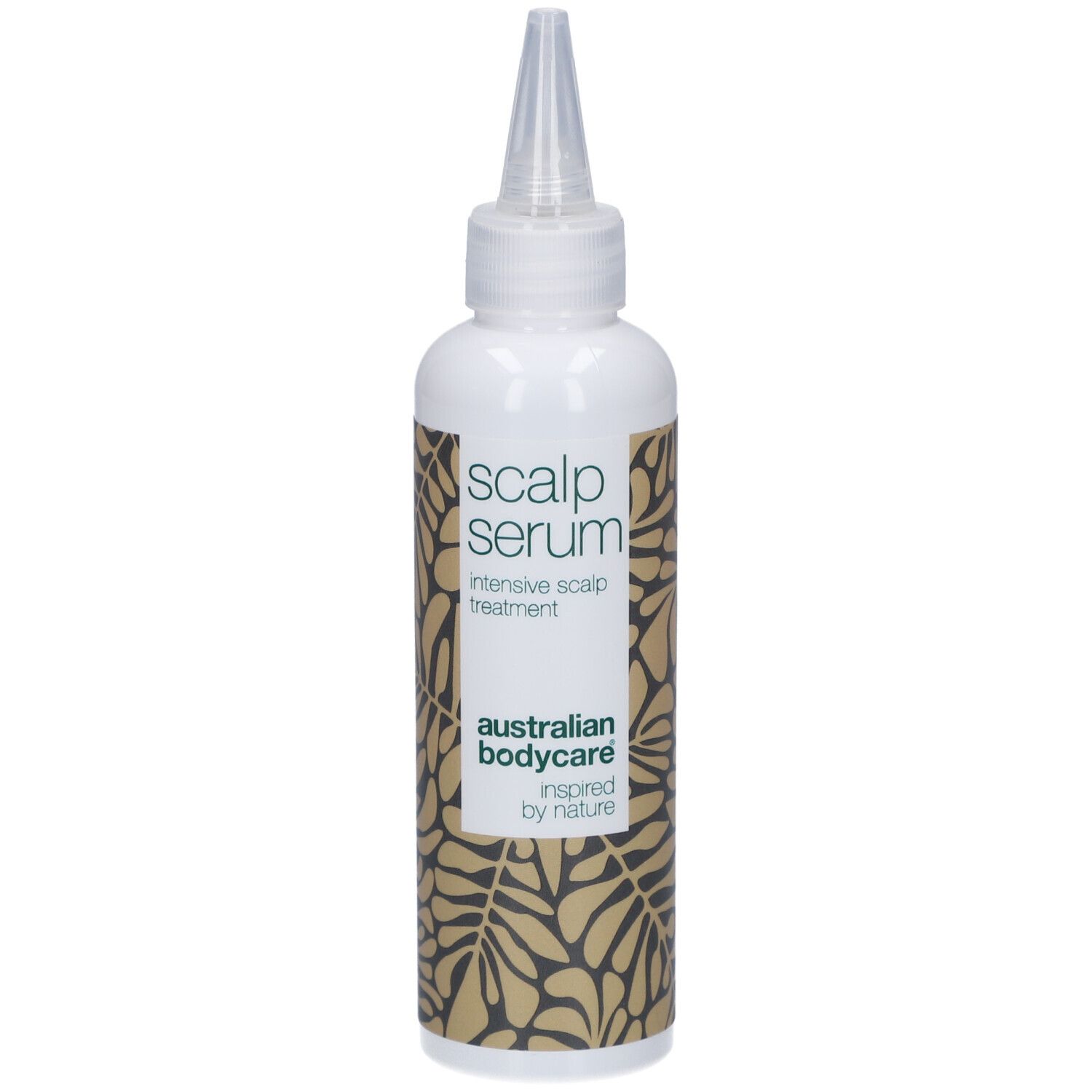 Flacone bianco con applicatore. Scritta: Scalp Serum, intensive scalp treatment. Marchio: Australian Bodycare.
