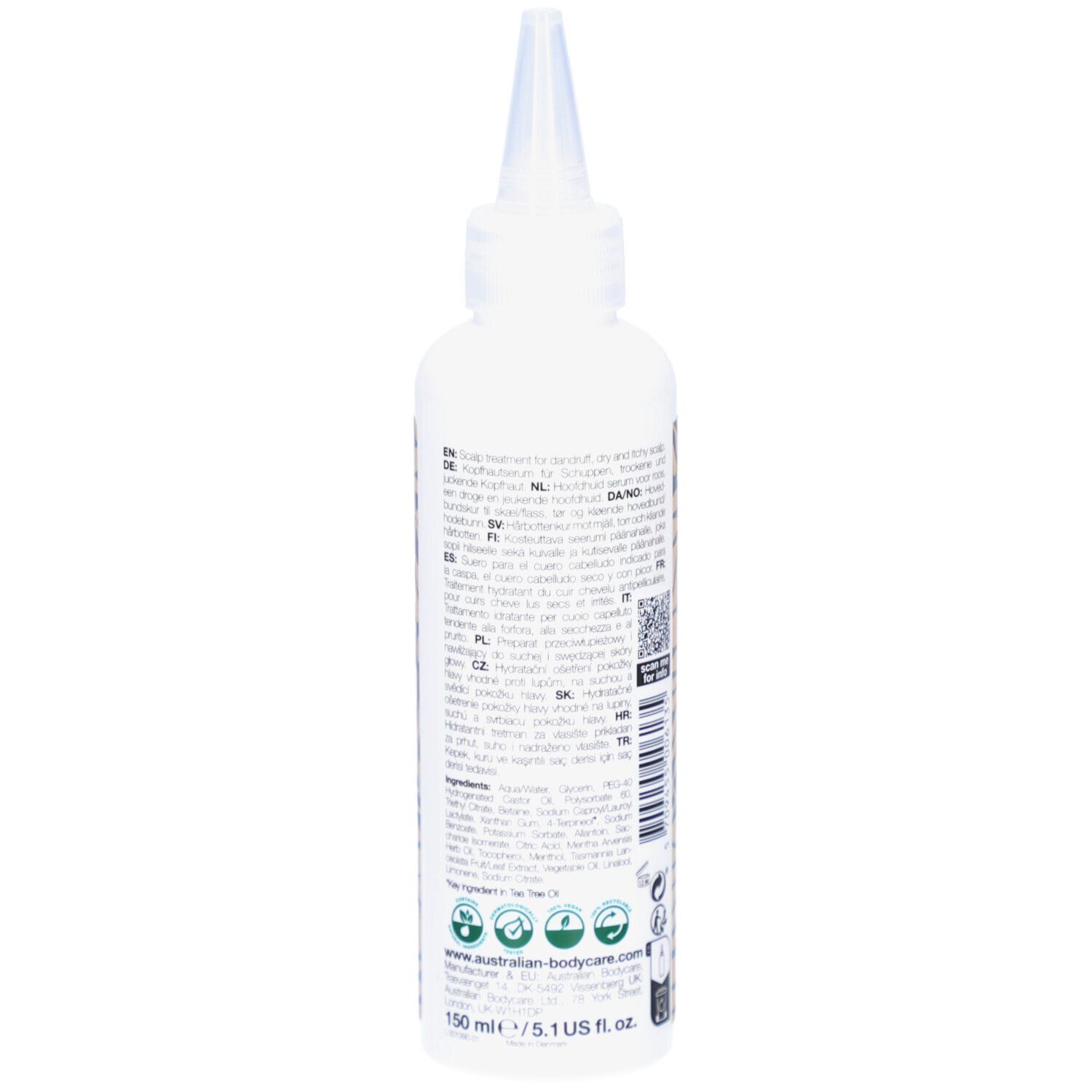 Flacone bianco con applicatore. Scritta: Scalp Serum, intensive scalp treatment. Marchio: Australian Bodycare.