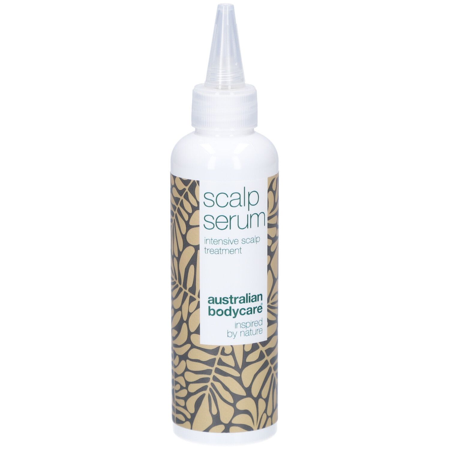 Flacone bianco con applicatore. Scritta: Scalp Serum, intensive scalp treatment. Marchio: Australian Bodycare.
