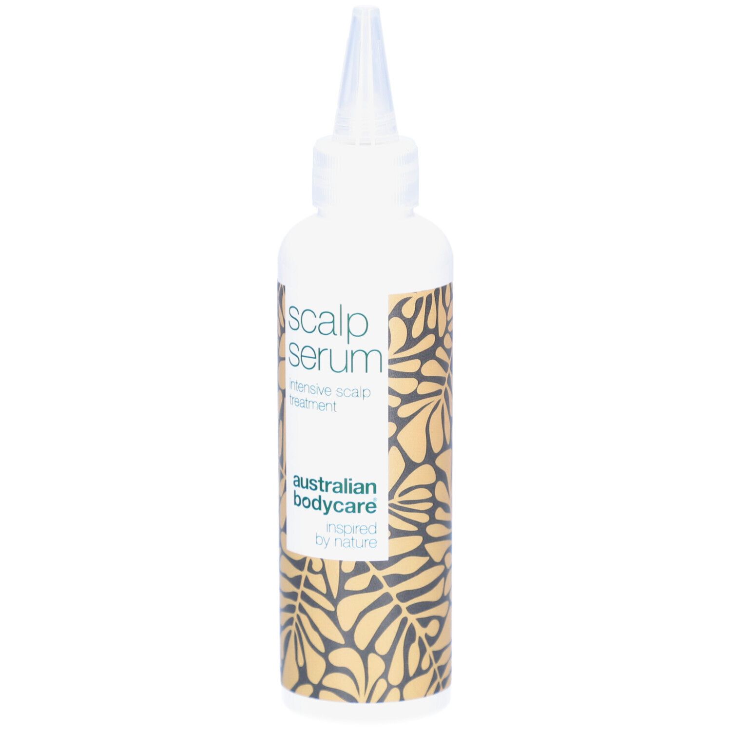 Flacone bianco con applicatore. Scritta: Scalp Serum, intensive scalp treatment. Marchio: Australian Bodycare.
