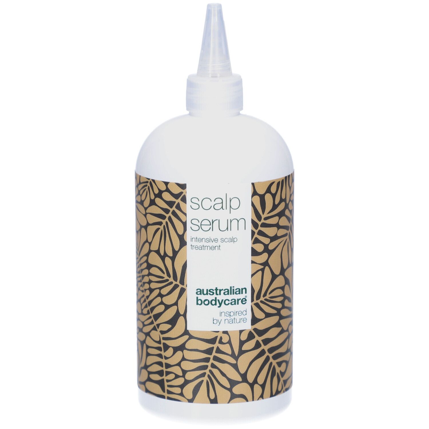 Flacone di siero. Bianco, con stampa e punta applicatore. Scritta: Scalp Serum, Australian Bodycare.
