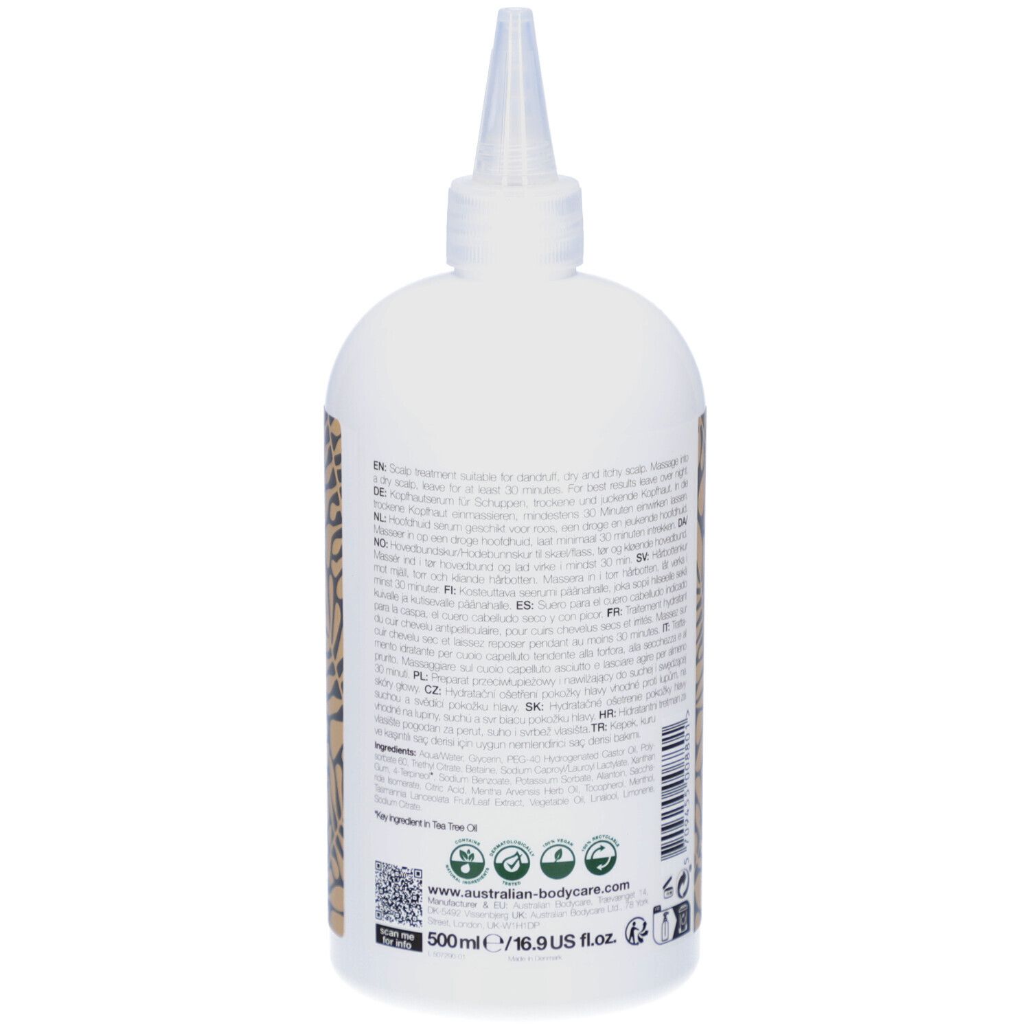 Retro del flacone di siero. Bianco, con stampa e punta applicatore. Testo multilingue.