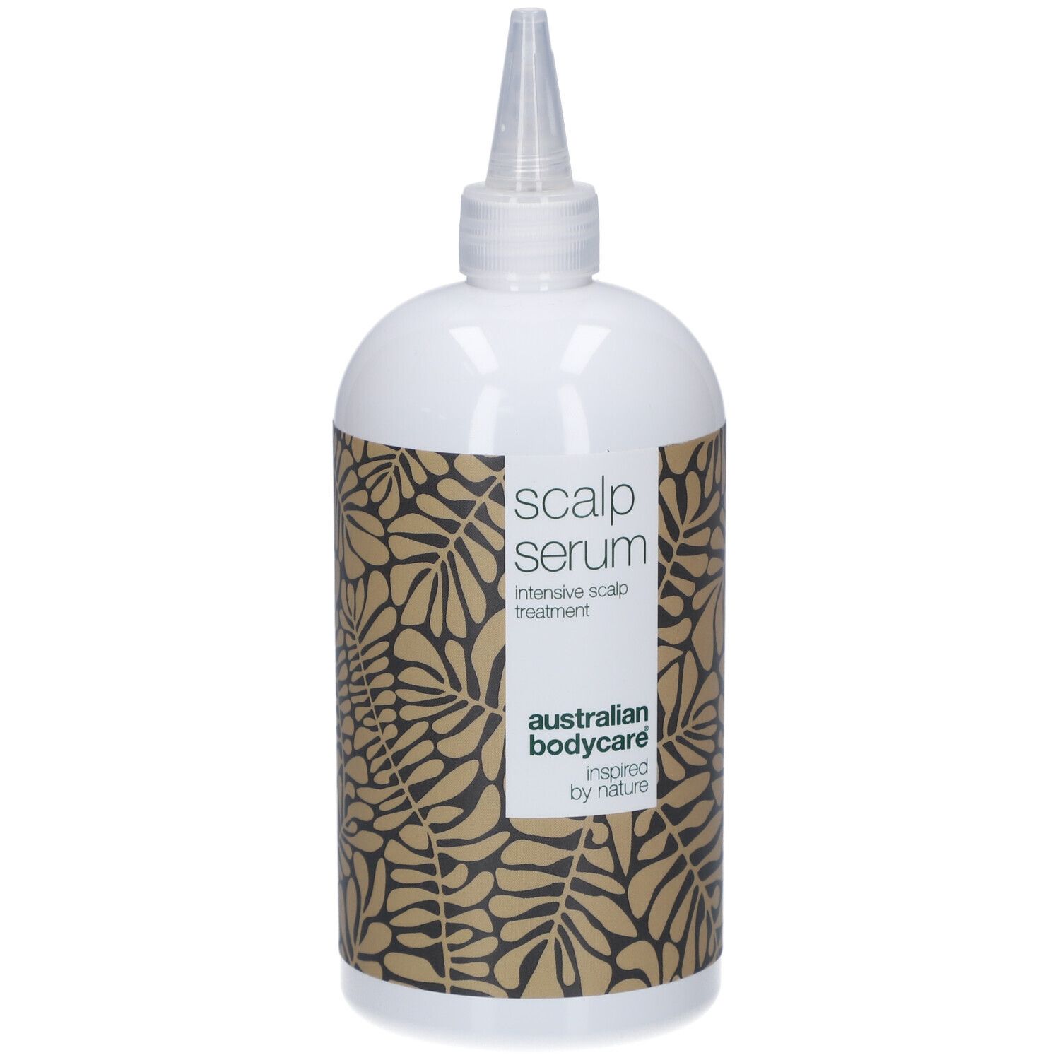 Flacone di siero. Bianco, con stampa e punta applicatore. Scritta: Scalp Serum, Australian Bodycare.