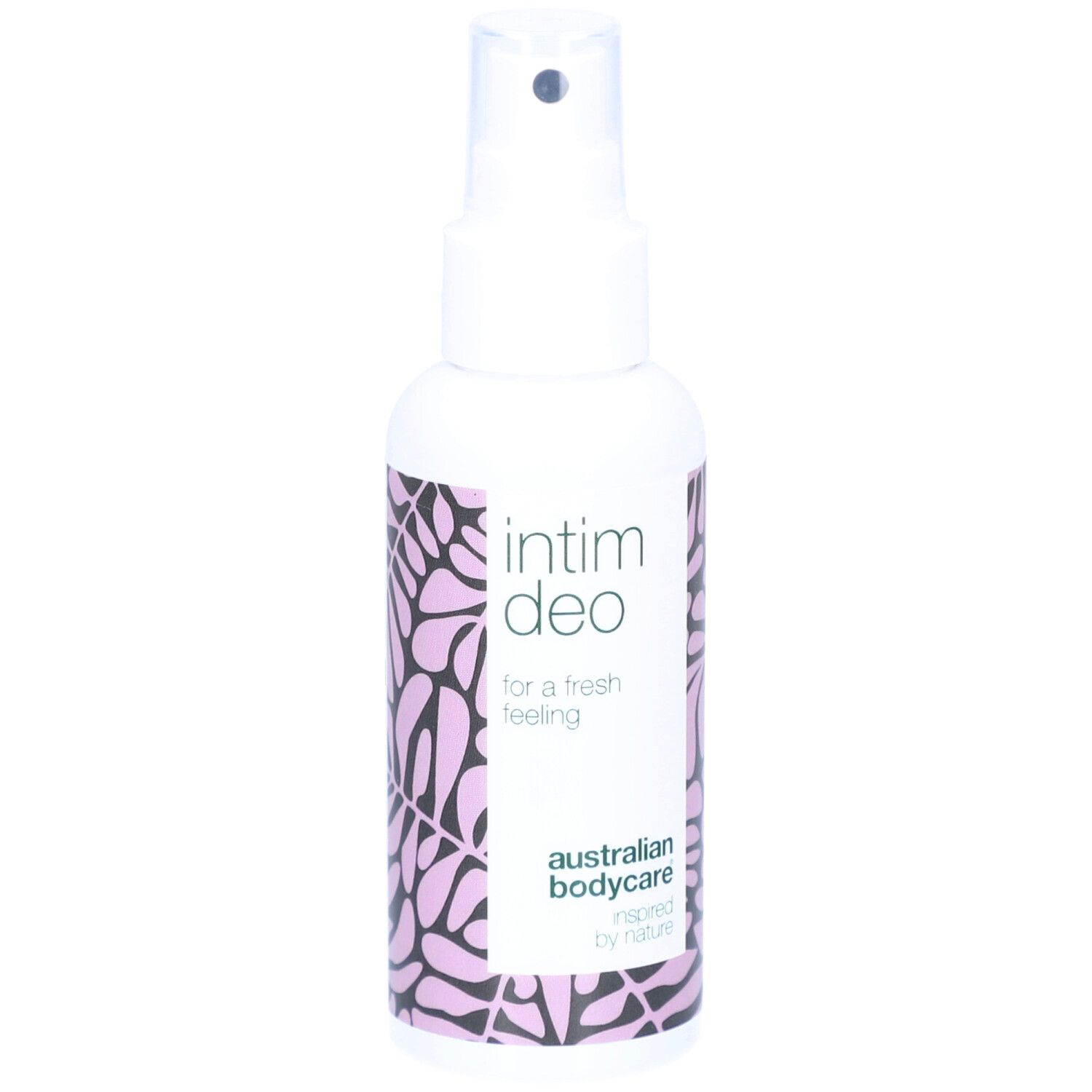 Spray bianco Intim Deo. Motivo floreale. Marchio Australian Bodycare.