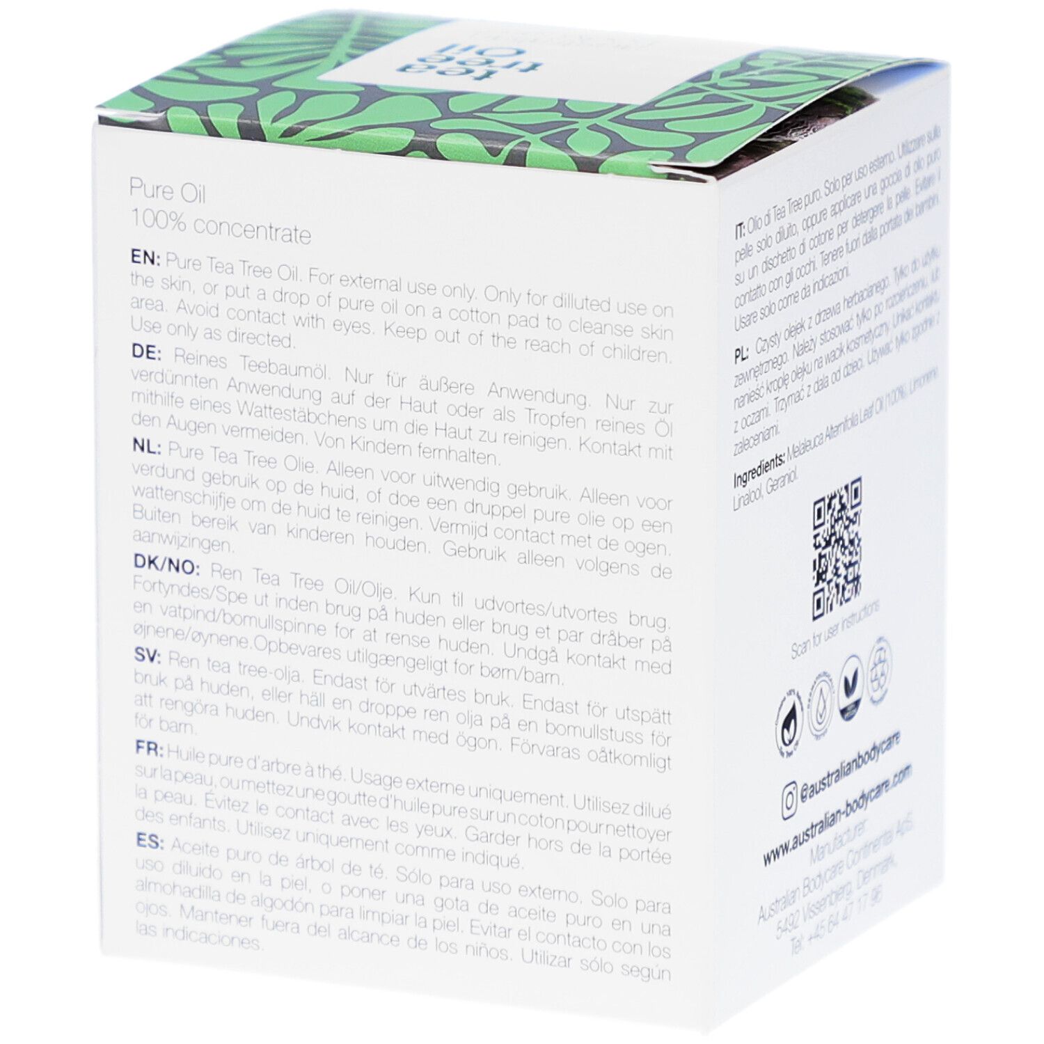 Confezione con informazioni sul prodotto in diverse lingue. Testo e logo.