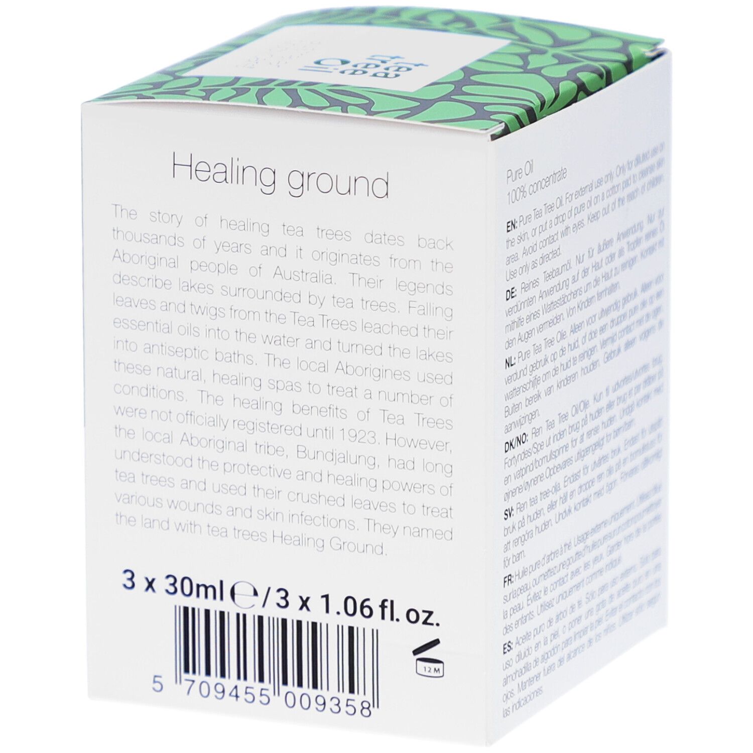 Retro della confezione con testo sulla storia dell'olio di tea tree e codice a barre.