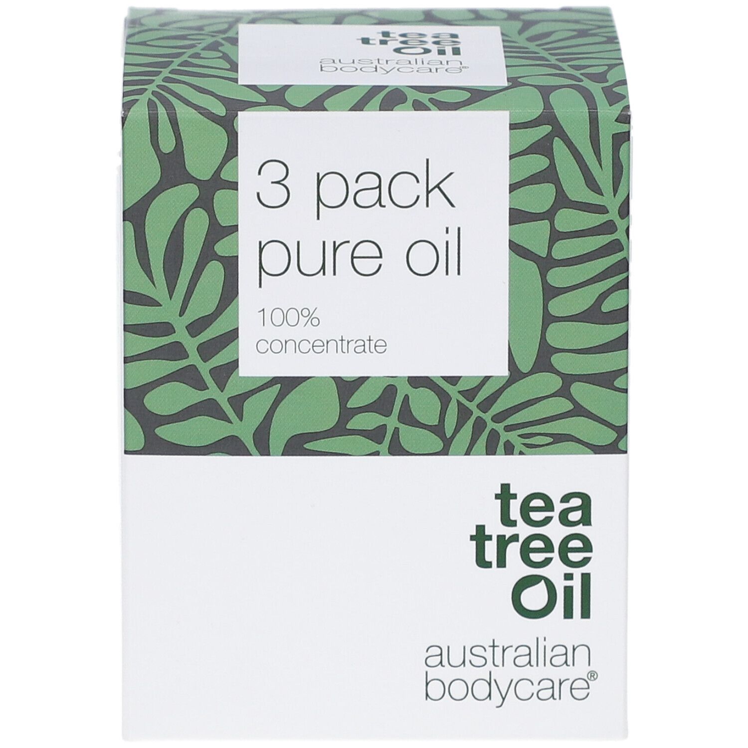 Confezione da 3 oli di tea tree. Design verde e bianco con informazioni e logo del prodotto.