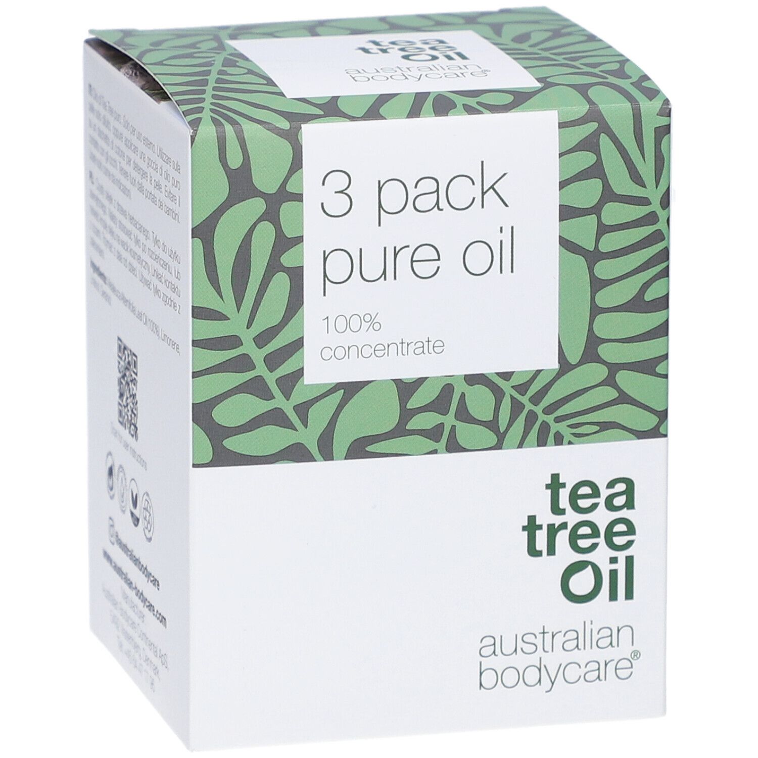 Confezione da 3 oli di tea tree. Design verde e bianco con informazioni e logo del prodotto.