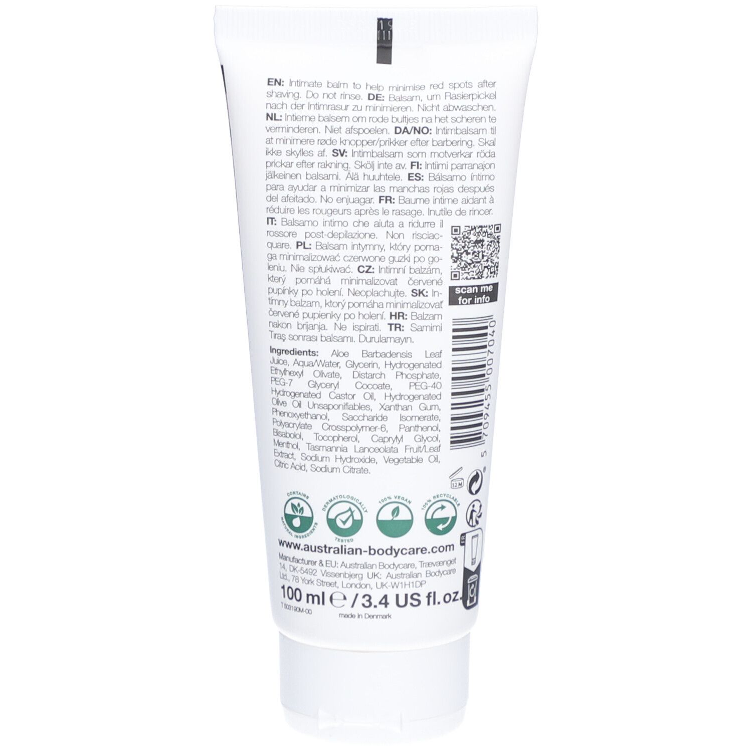 Retro del tubo di balsamo intimo. Testo multilingue, ingredienti, logo Australian Bodycare, 100 ml.