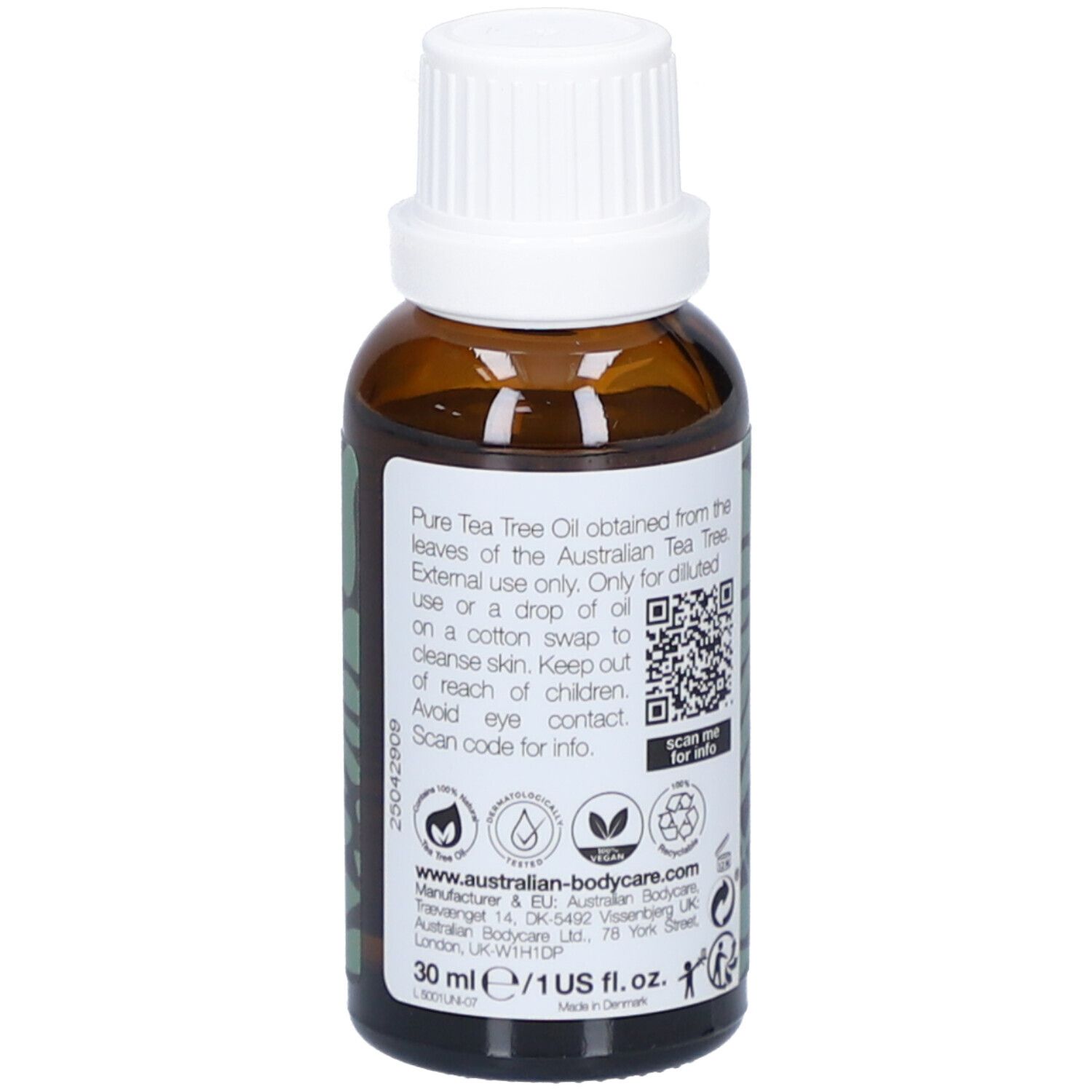 Flacone di vetro marrone con tappo bianco. Etichetta con testo e codice QR. Testo: 30 ml, 1 US fl.oz.