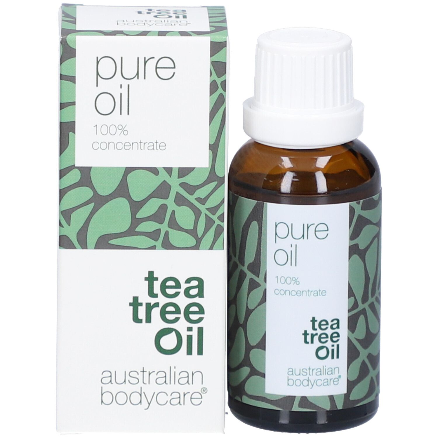 Flacone e scatola. Flacone: marrone, tappo bianco. Scatola: bianca, verde. Testo: pure oil, tea tree oil, australian bodycare.