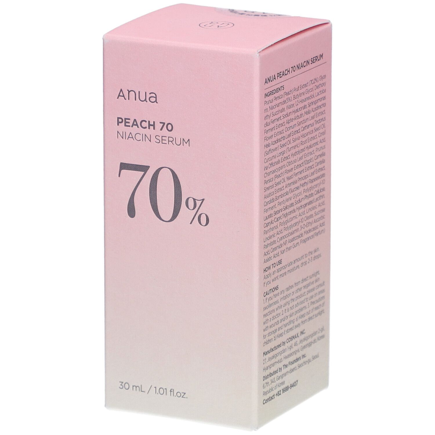 Confezione rosa con informazioni sul prodotto. Scritta: Anua, PEACH 70, Niacin Serum, 70%. 30 ml / 1.01 fl.oz.