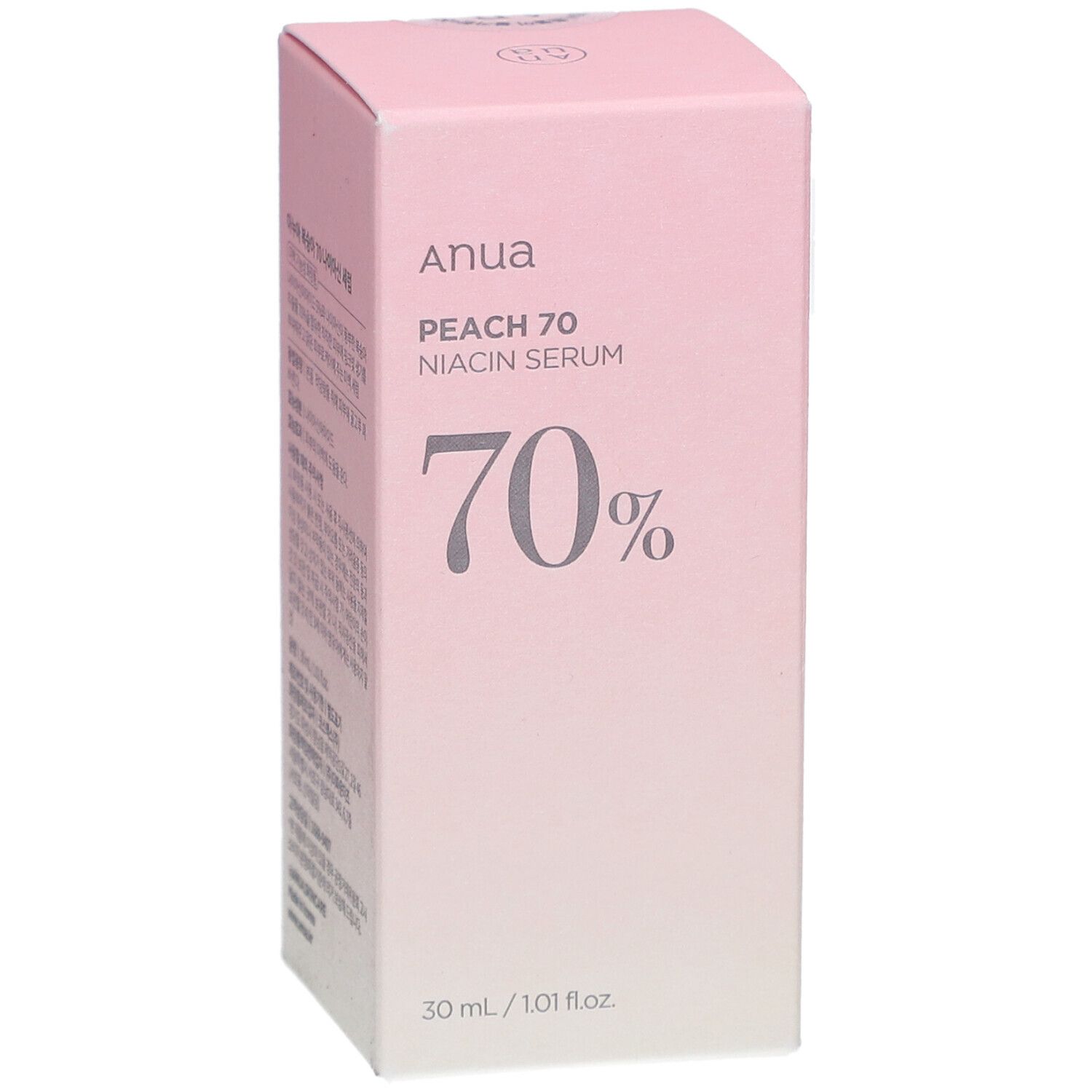 Confezione rosa con informazioni sul prodotto. Scritta: Anua, PEACH 70, Niacin Serum, 70%. 30 ml / 1.01 fl.oz.