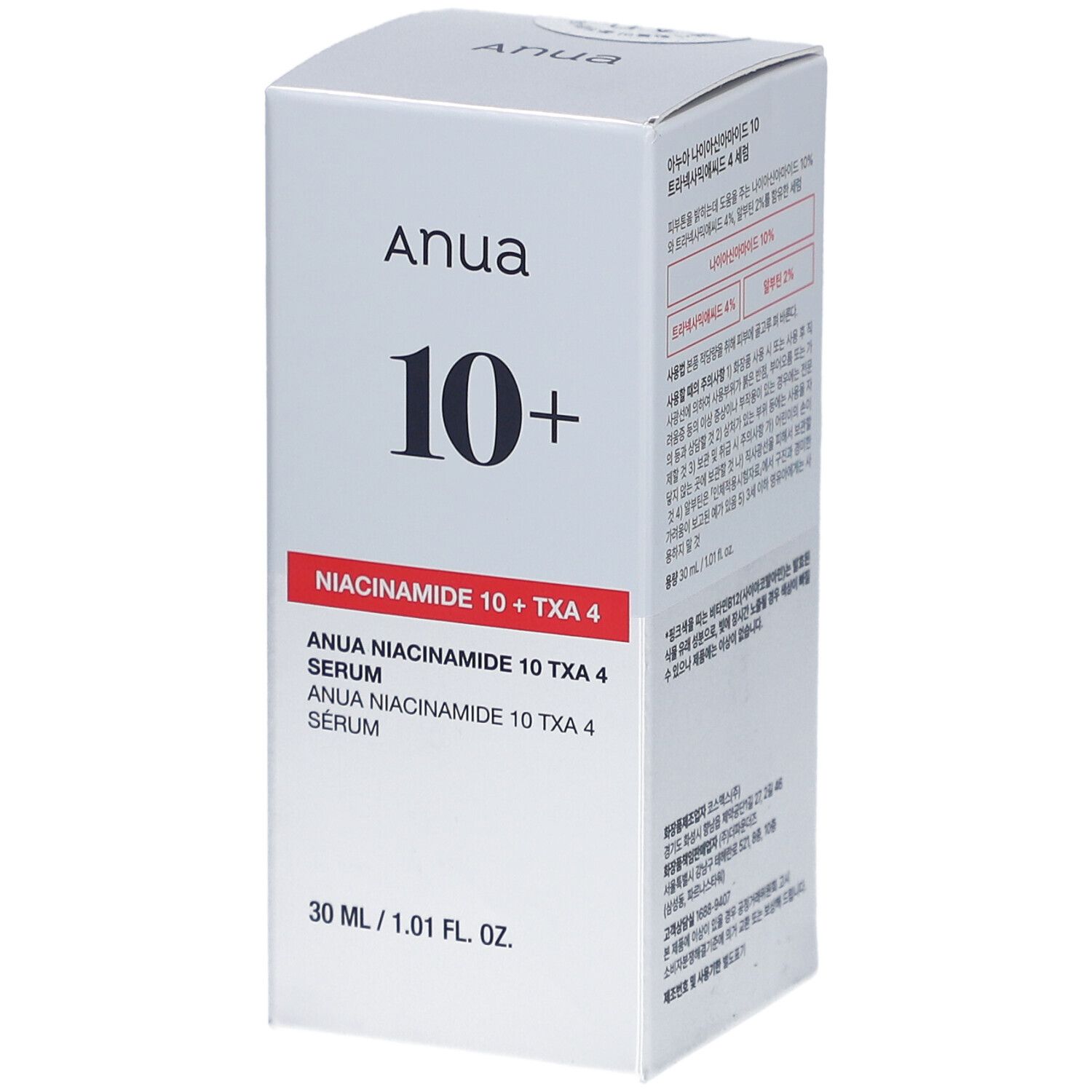 Confezione bianca con nome del prodotto e ingredienti. Scritta: ANUA 10+ Siero Niacinamide + TXA 4.