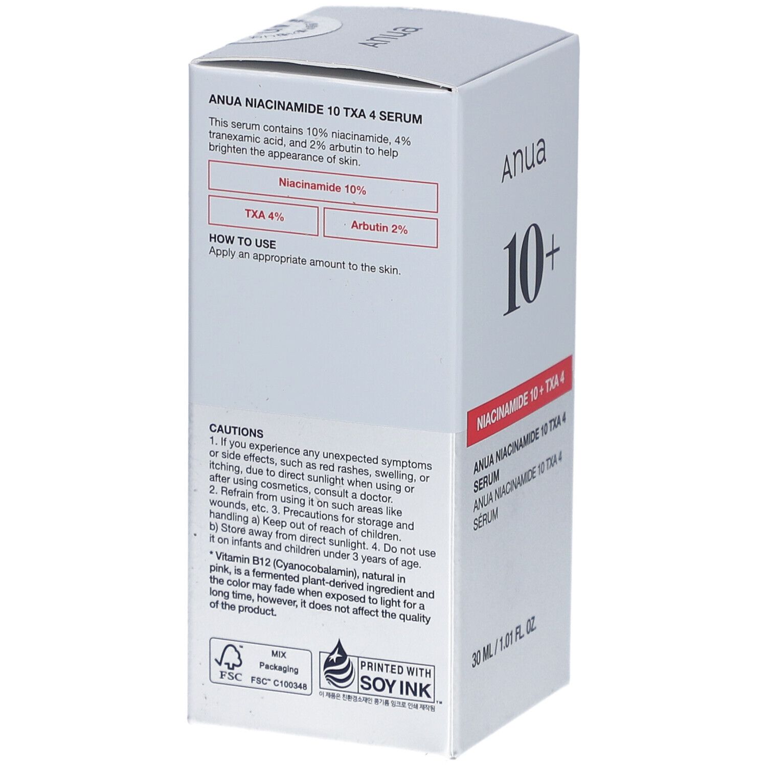 Confezione con informazioni sul prodotto. Contiene niacinamide, acido tranexamico e arbutina. Avvertenze e uso.