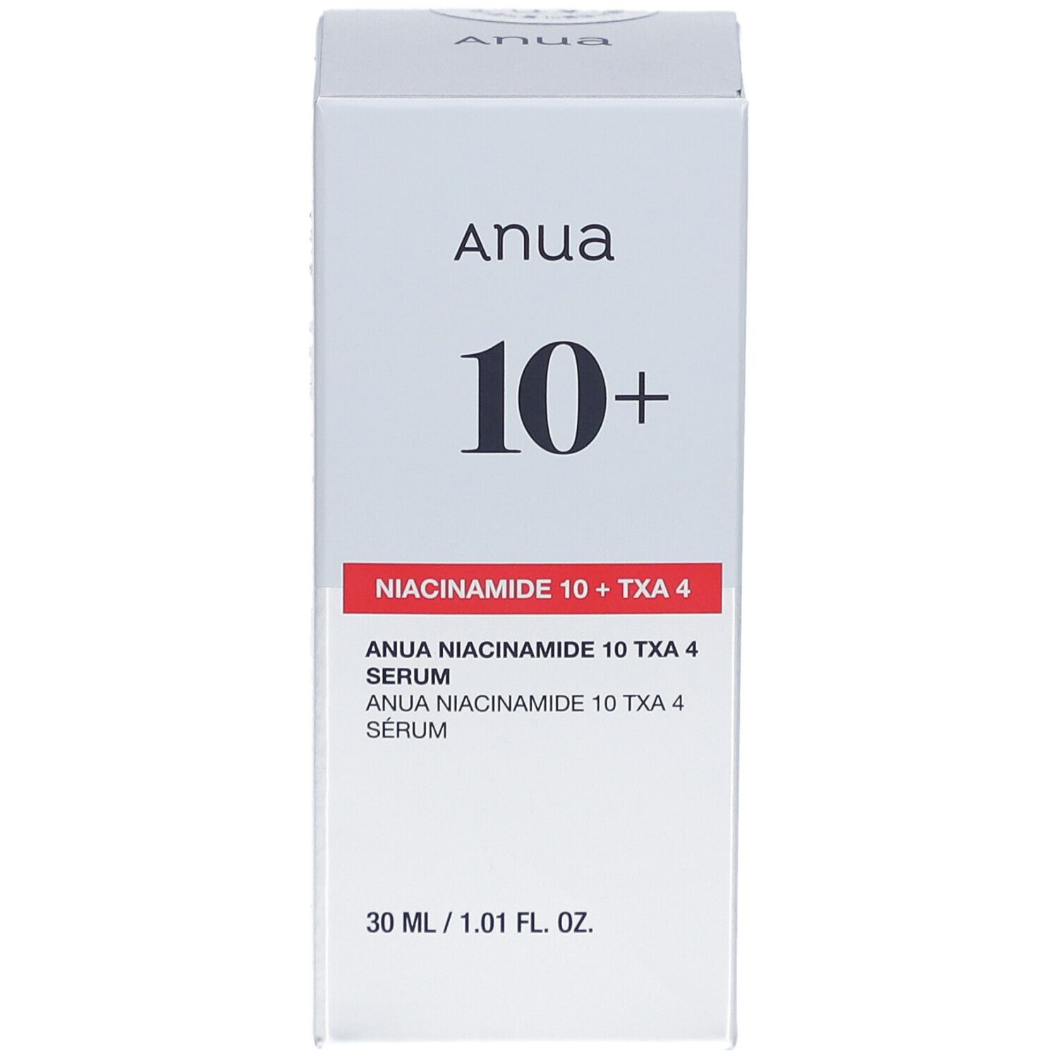 Confezione bianca con nome del prodotto e ingredienti. Scritta: ANUA 10+ Siero Niacinamide + TXA 4.