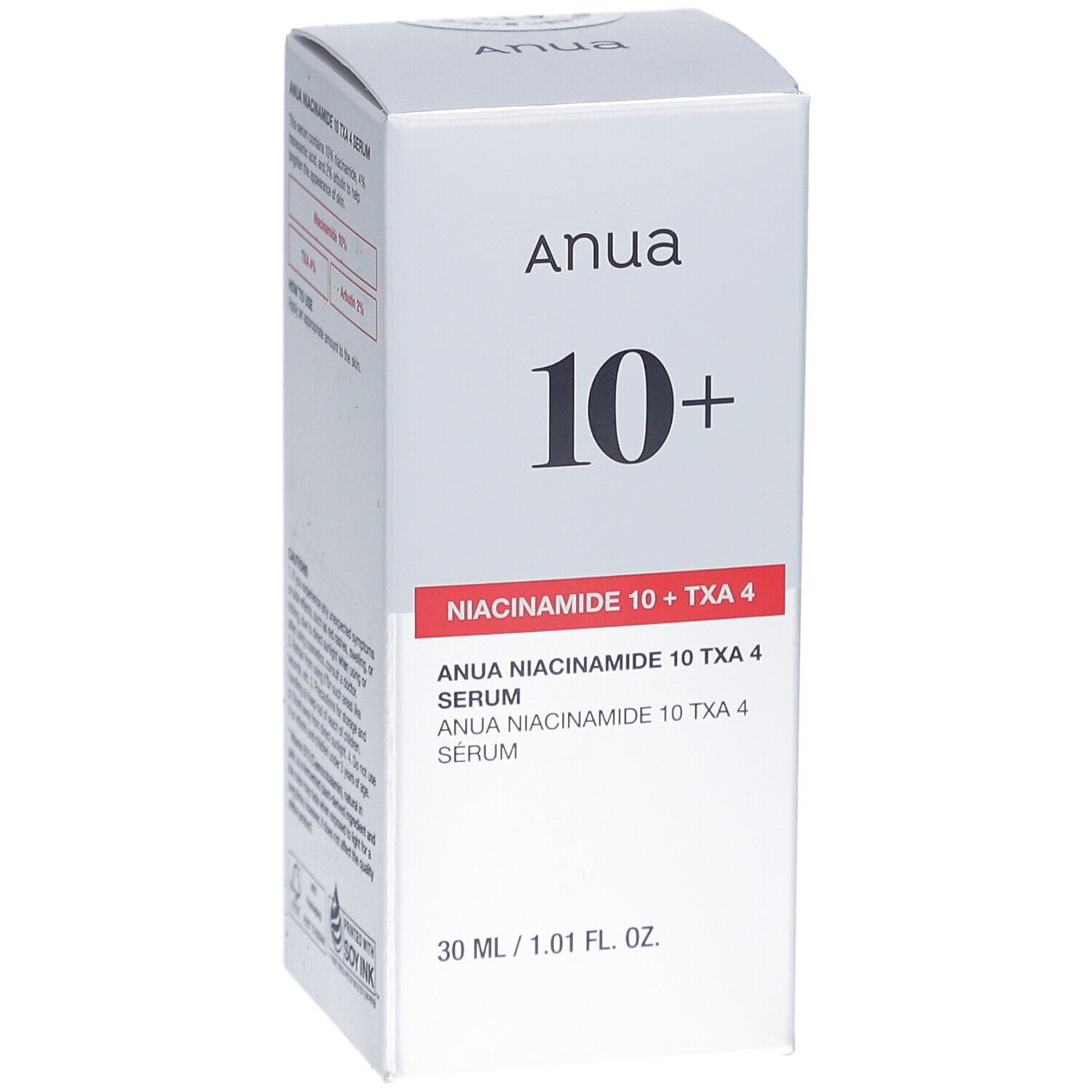 Confezione bianca con nome del prodotto e ingredienti. Scritta: ANUA 10+ Siero Niacinamide + TXA 4.