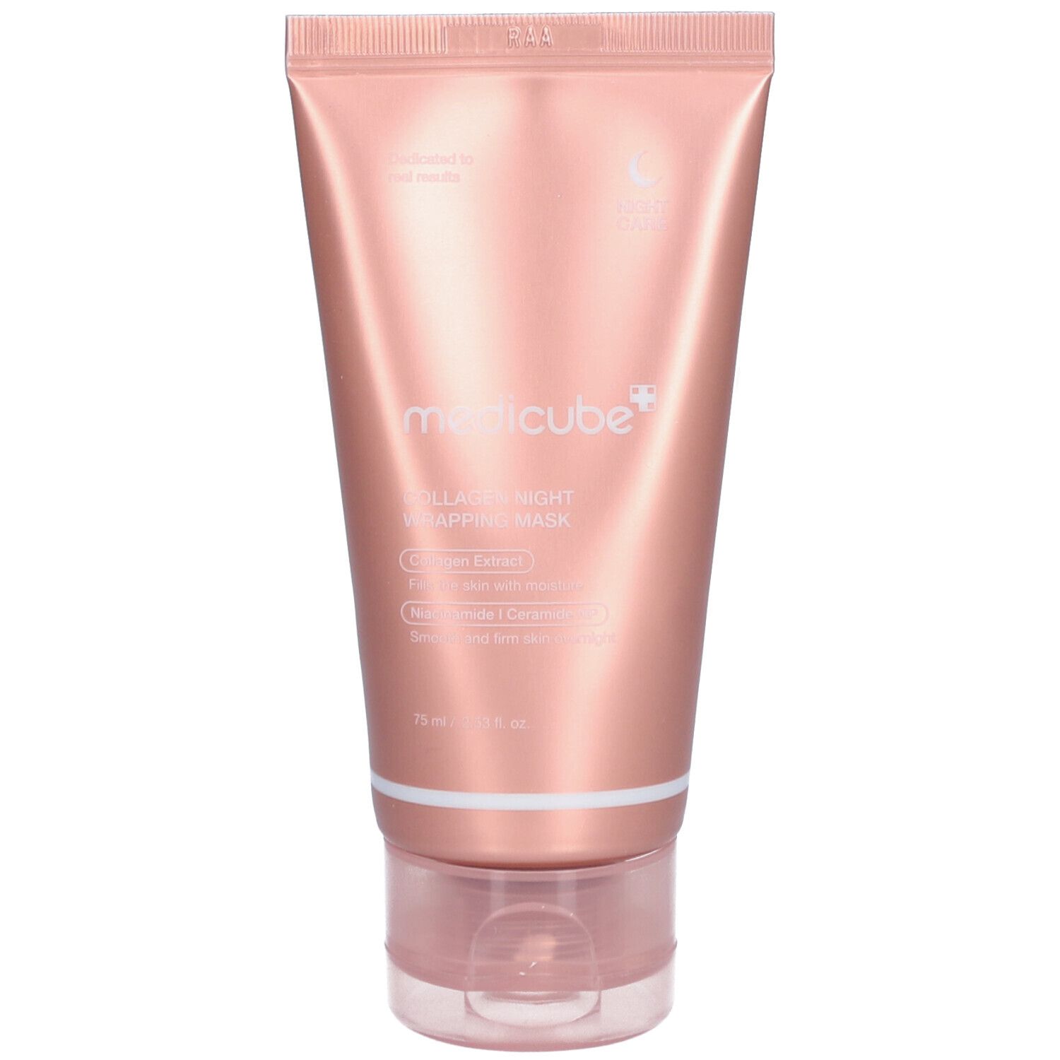 Tubo rosa con testo del prodotto. Marchio: medicube+. Nome prodotto: Collagen Night Wrapping Mask. 75 ml.
