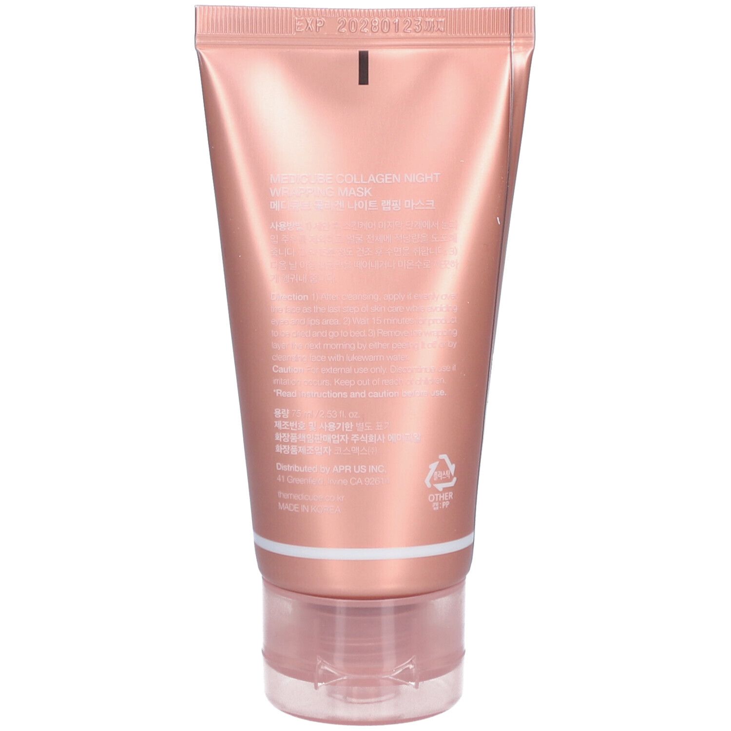 Retro di un tubo rosa. Informazioni sul prodotto e ingredienti stampati. Marchio: medicube+.
