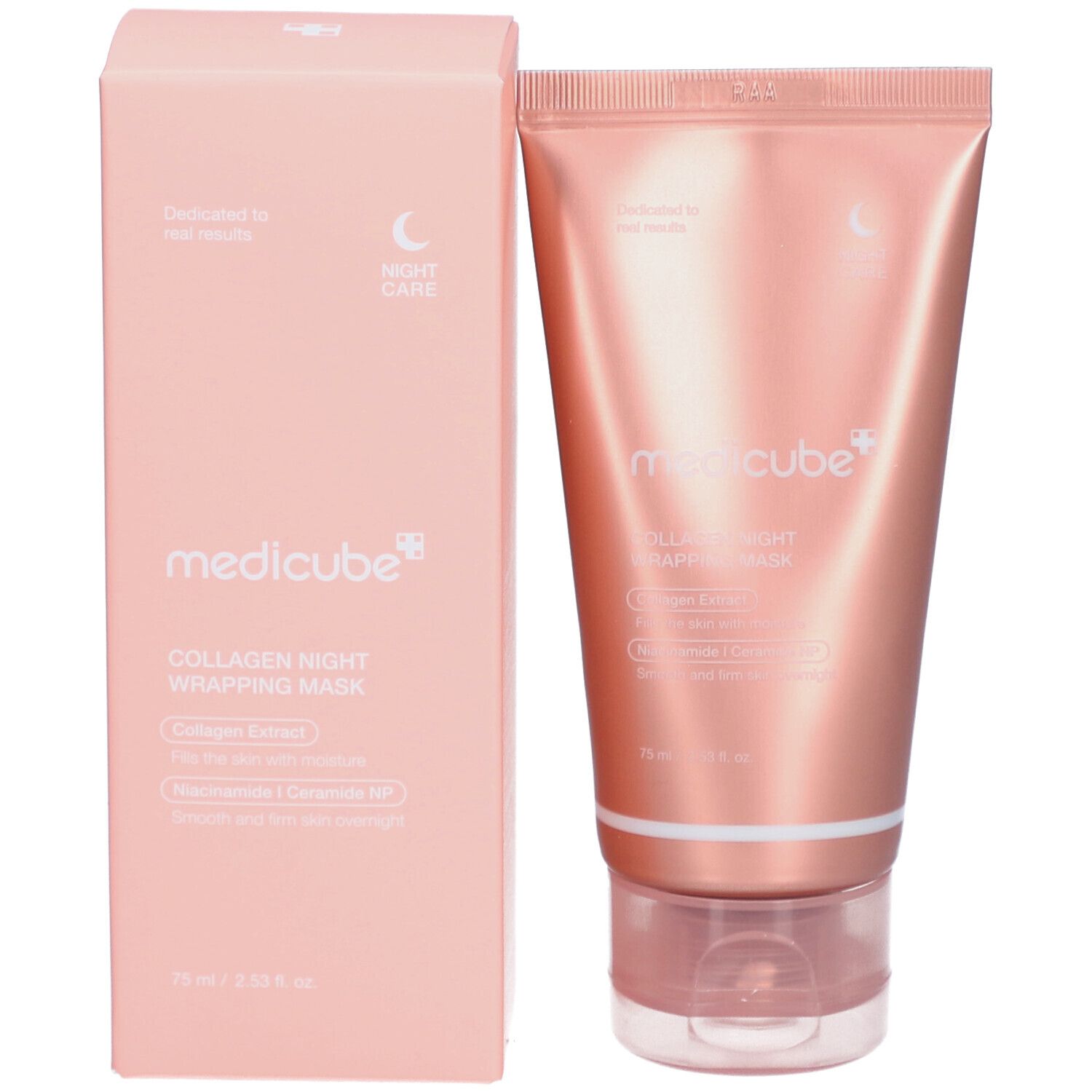 Confezione e tubo rosa. Marchio: medicube+. Nome prodotto: Collagen Night Wrapping Mask. 75 ml.